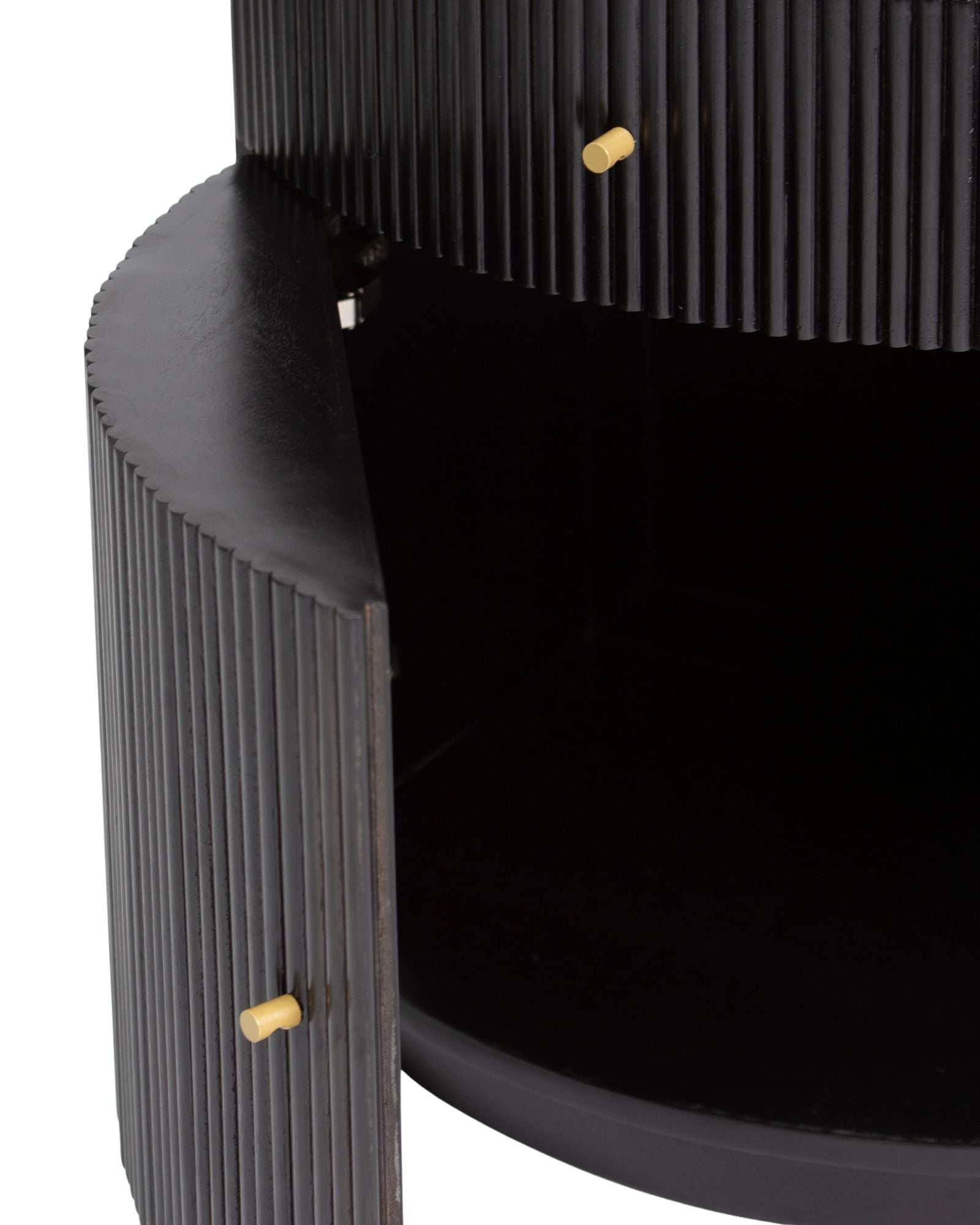 Wooden side drawer featuring fluted texture in black with brass accents, handcrafted furniture piece.