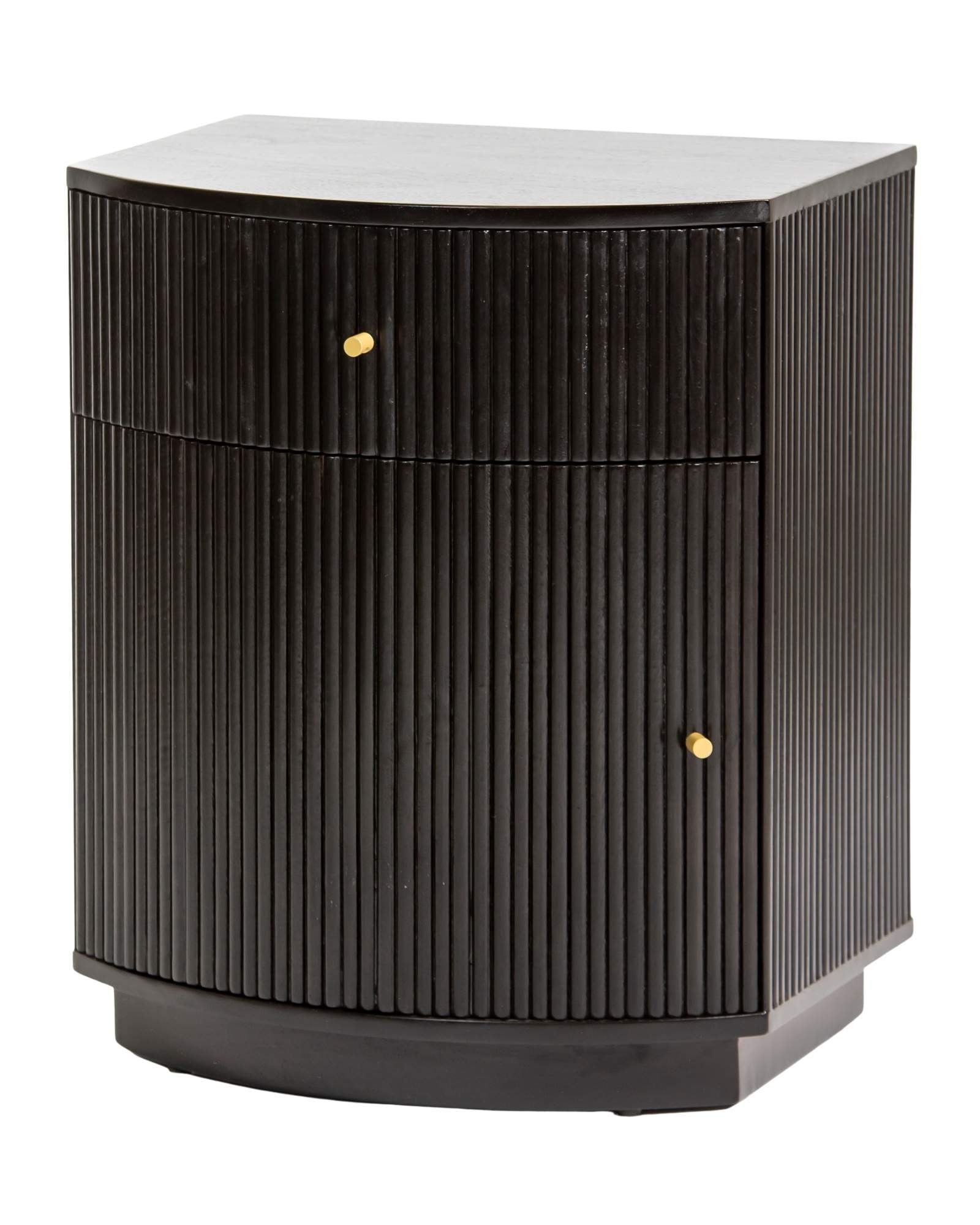 Wooden side drawer featuring fluted texture in black with brass accents, handcrafted furniture piece.