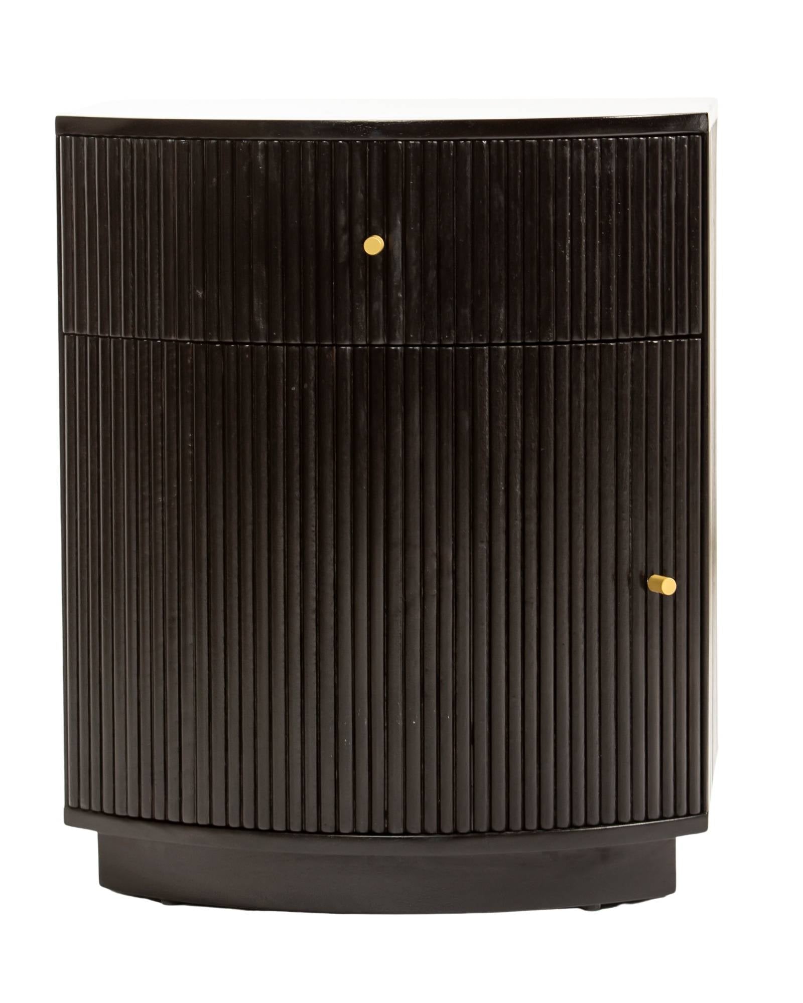 Wooden side drawer featuring fluted texture in black with brass accents, handcrafted furniture piece.