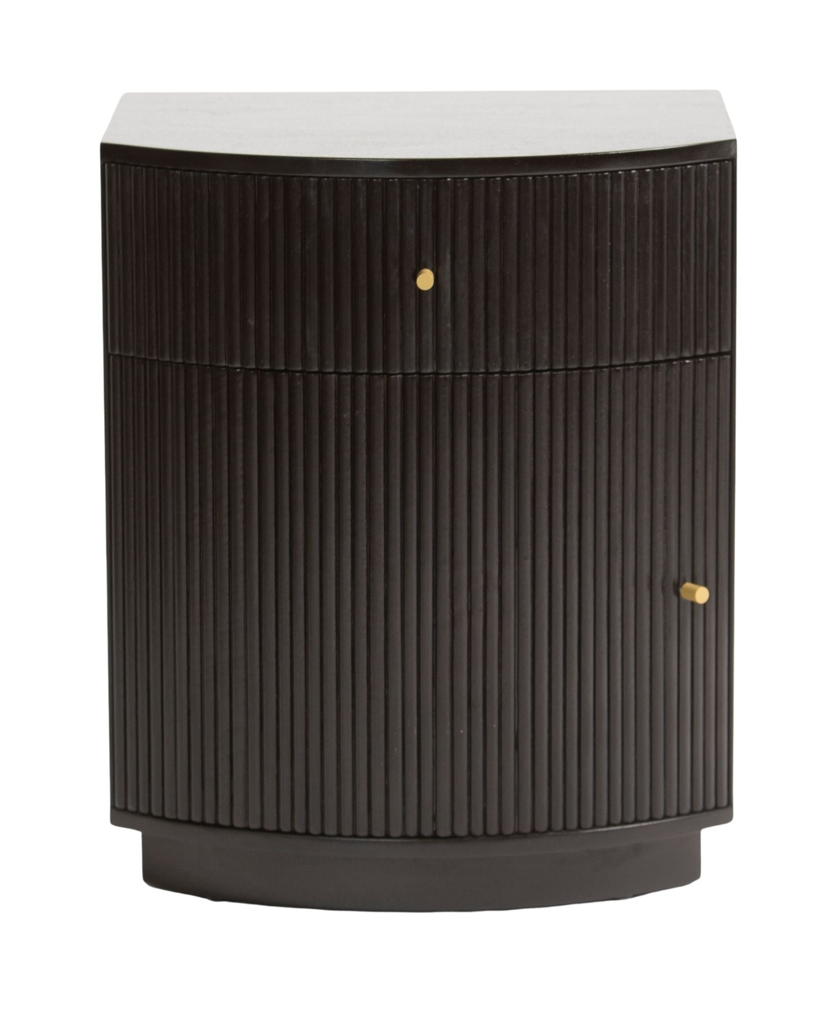 Wooden side drawer featuring fluted texture in black with brass accents, handcrafted furniture piece.