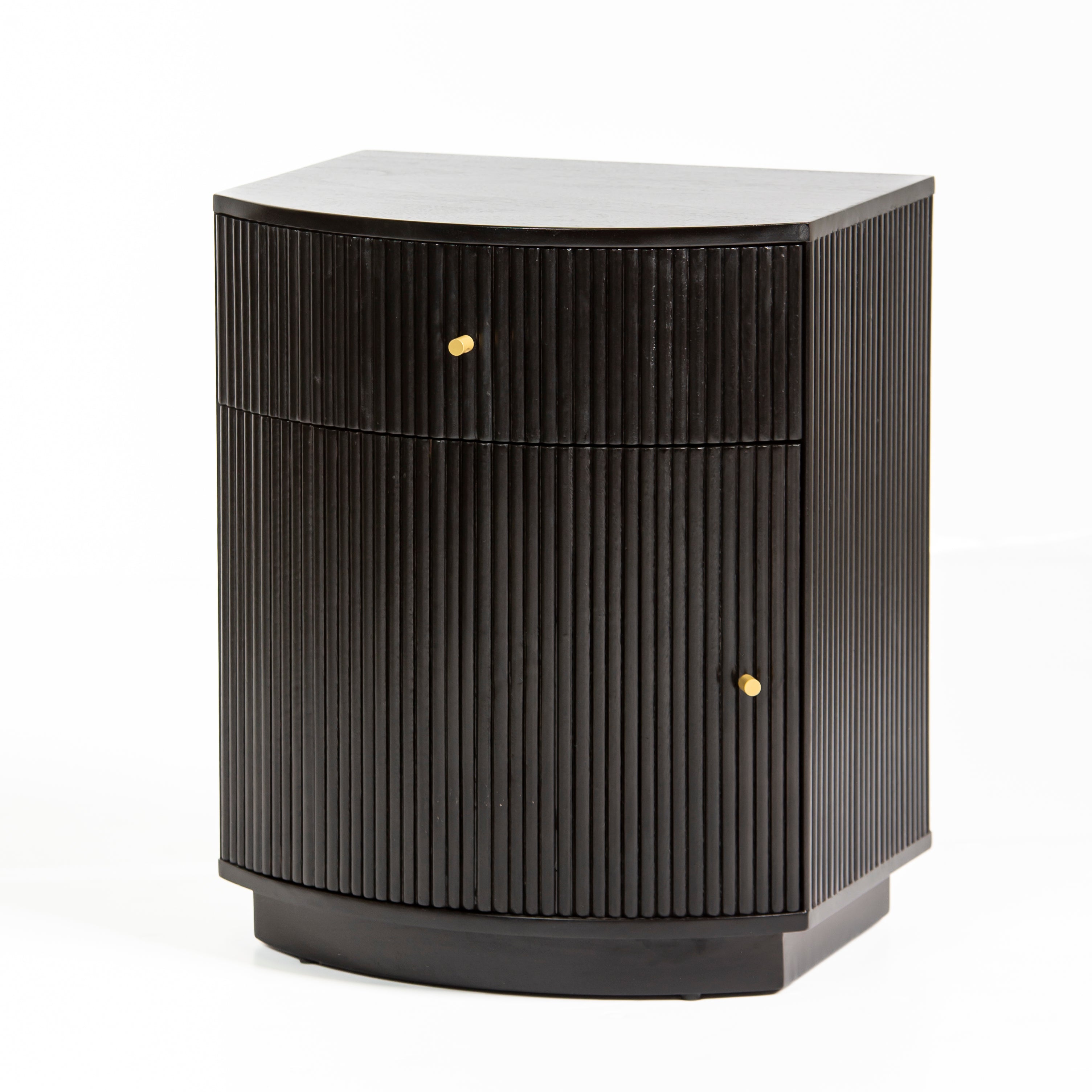 Wooden side drawer featuring fluted texture in black with brass accents, handcrafted furniture piece