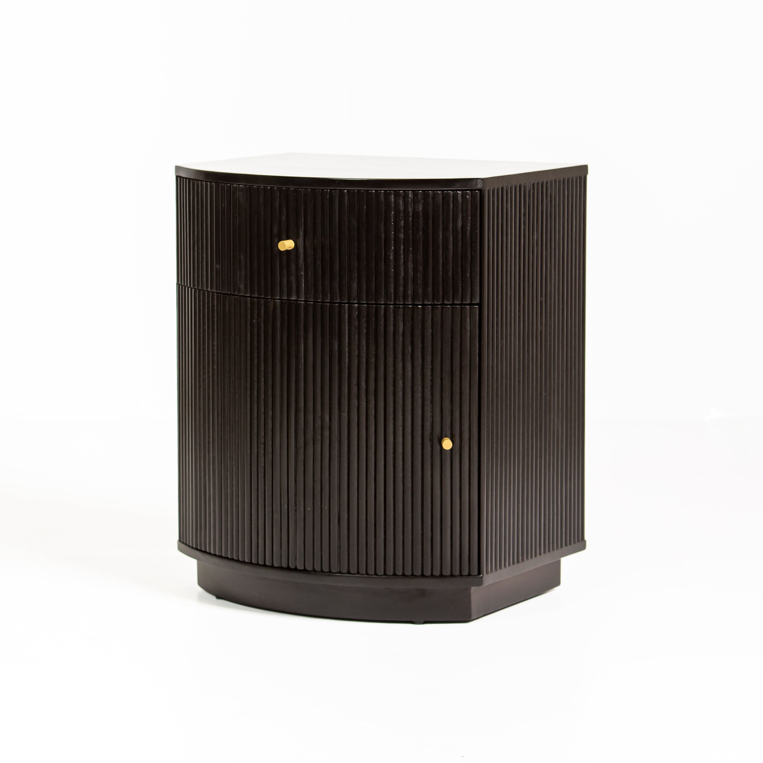 Wooden side drawer featuring fluted texture in black with brass accents, handcrafted furniture piece