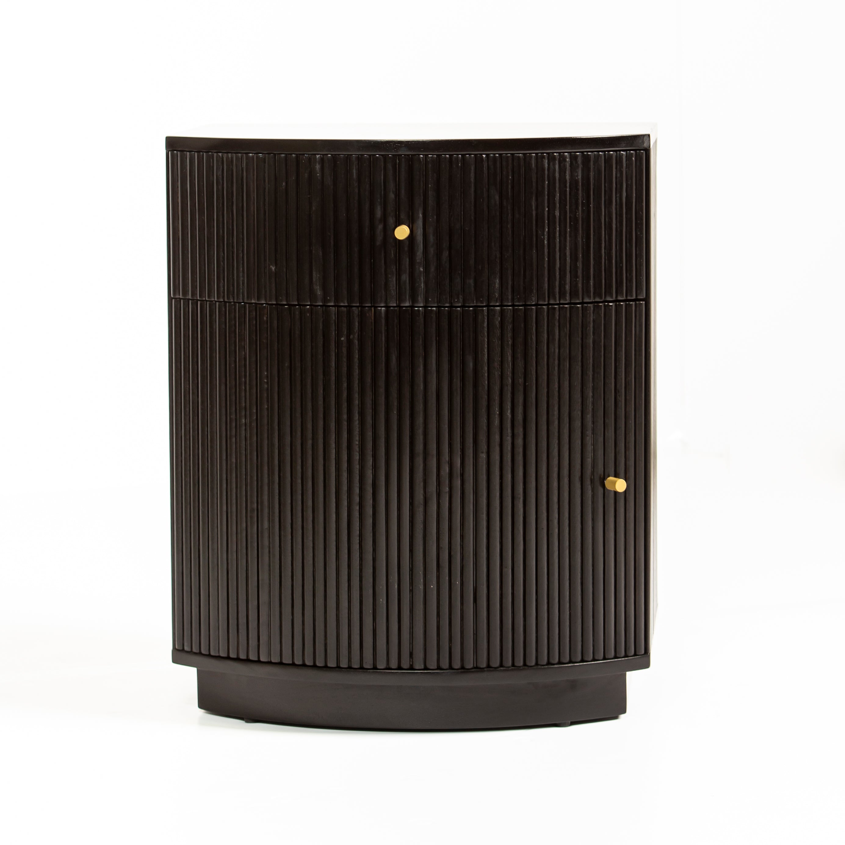 Wooden side drawer featuring fluted texture in black with brass accents, handcrafted furniture piece