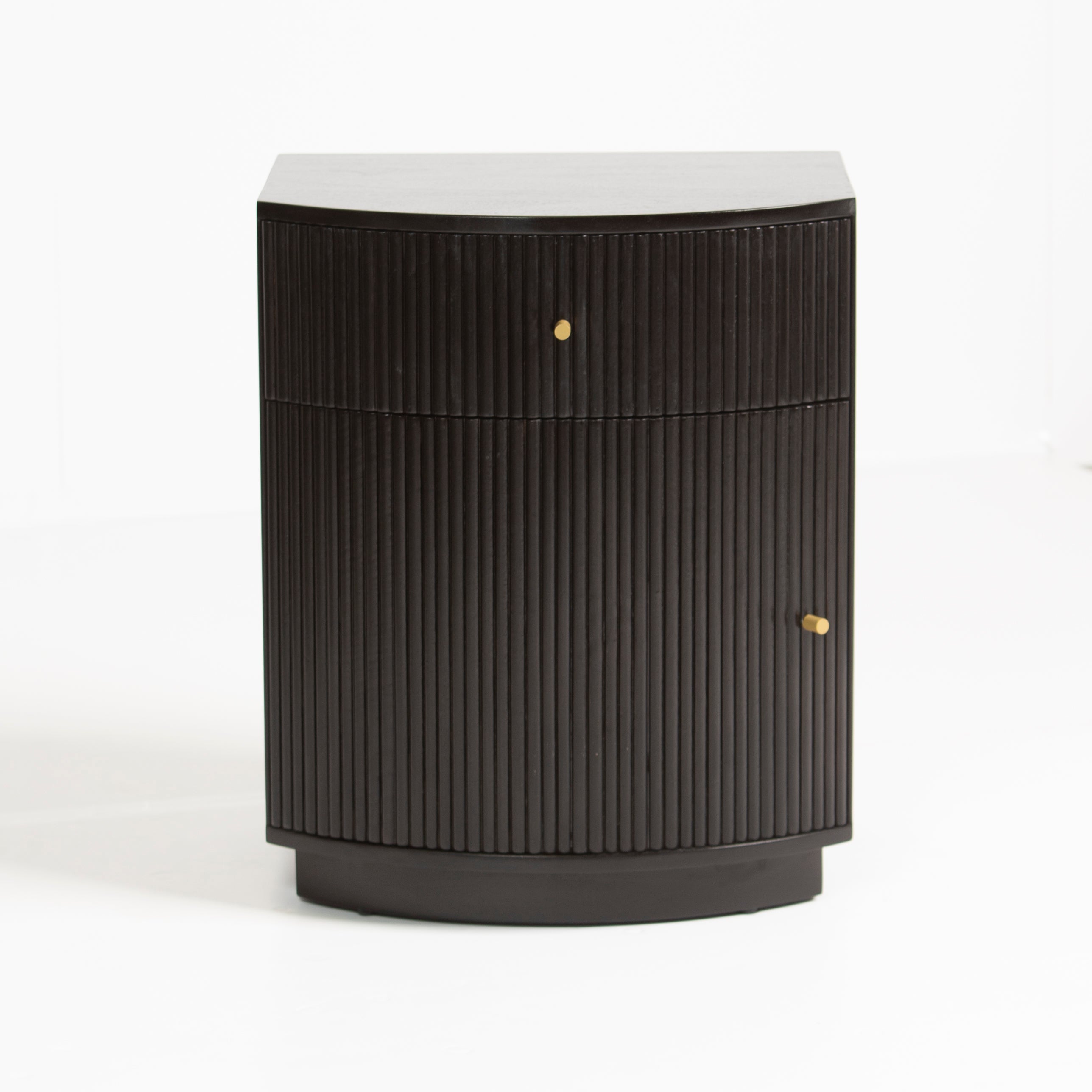Wooden side drawer featuring fluted texture in black with brass accents, handcrafted furniture piece