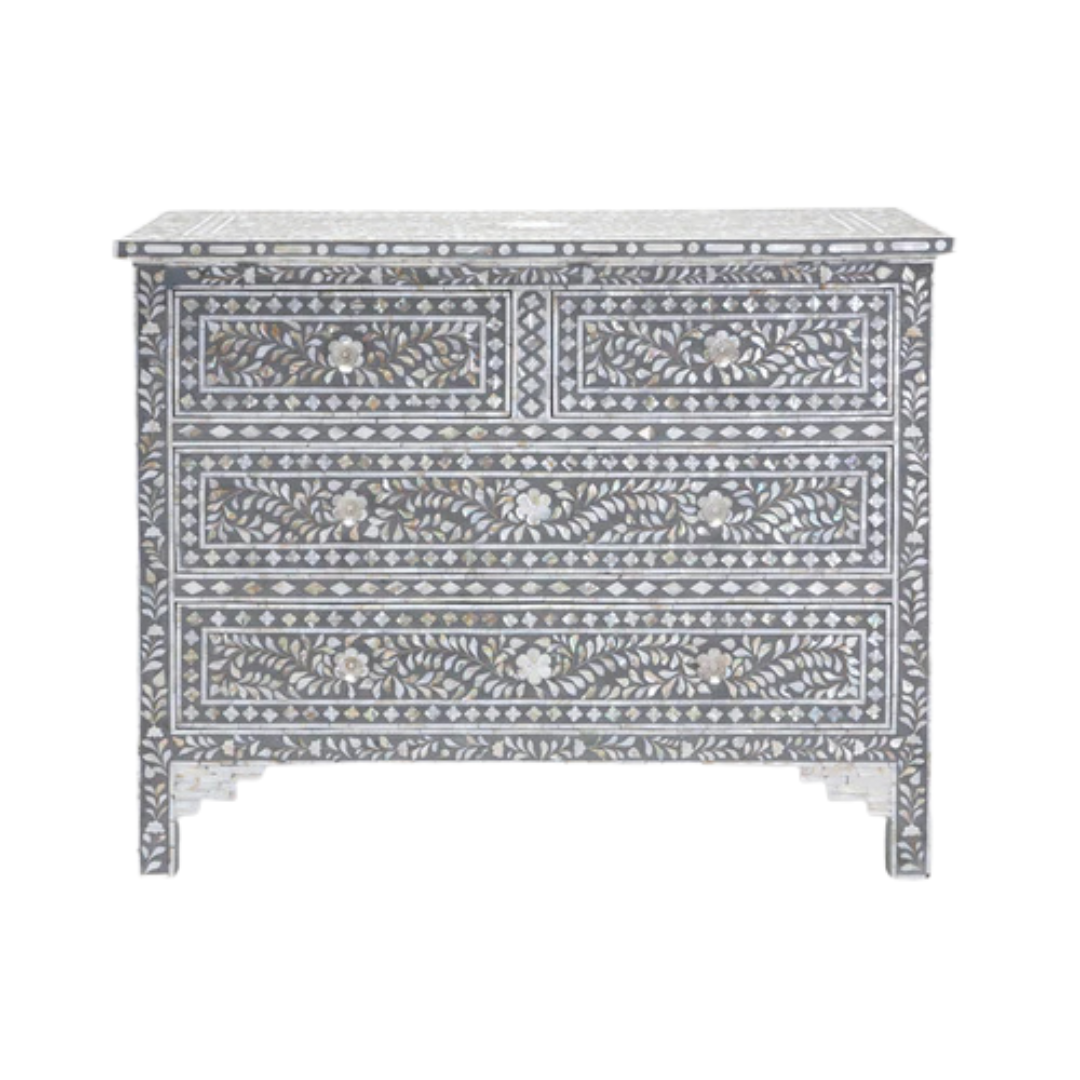 Featuring a Grey Mother of Pearl Inlay Chest of Drawer in floral pattern, the Iris collection enhances your space with intricately handcrafted designs that elevate your home and living aesthetics. 