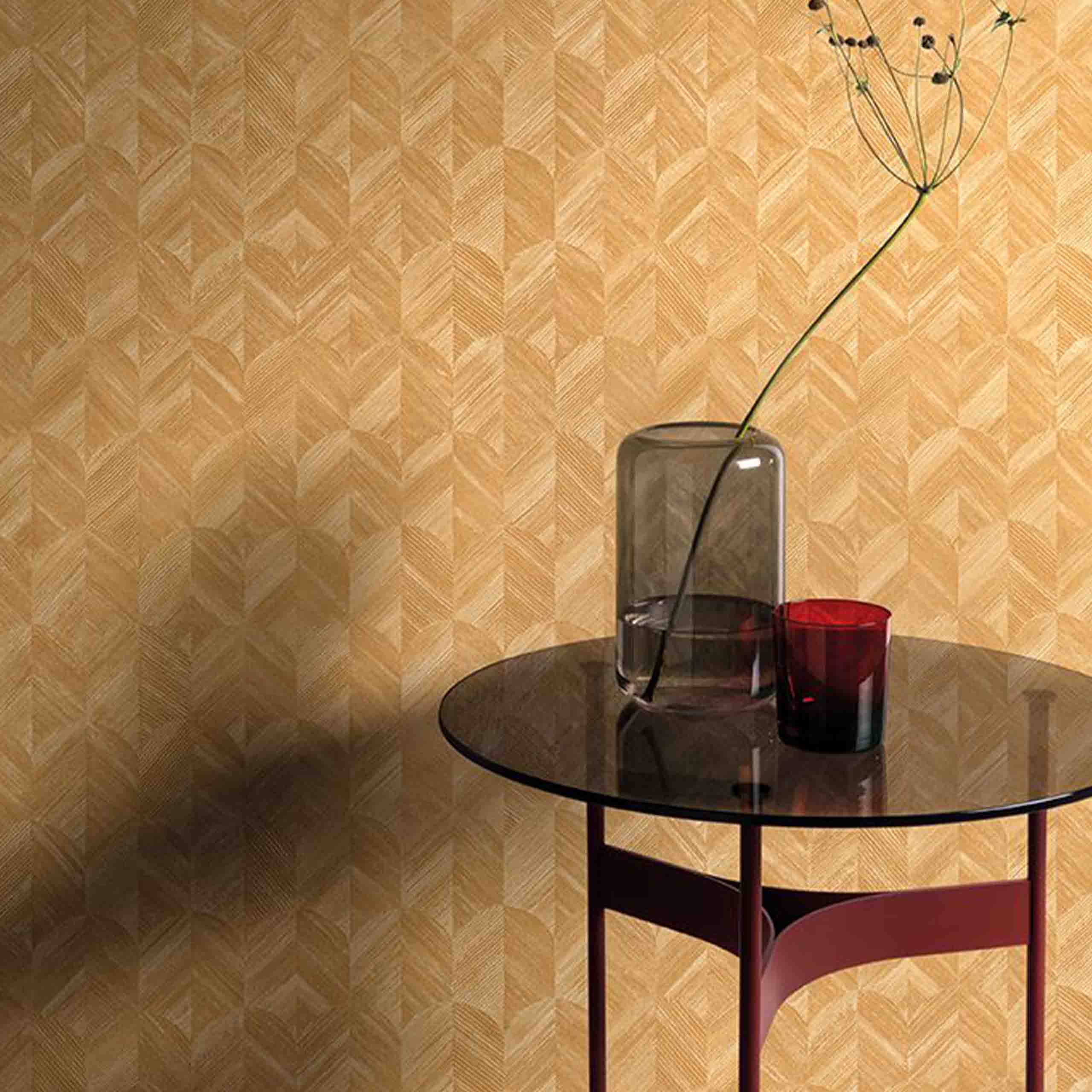 Room view of Ecru abstract yellow wallpaper featuring chevron patterns, creating a warm, vibrant ambiance.