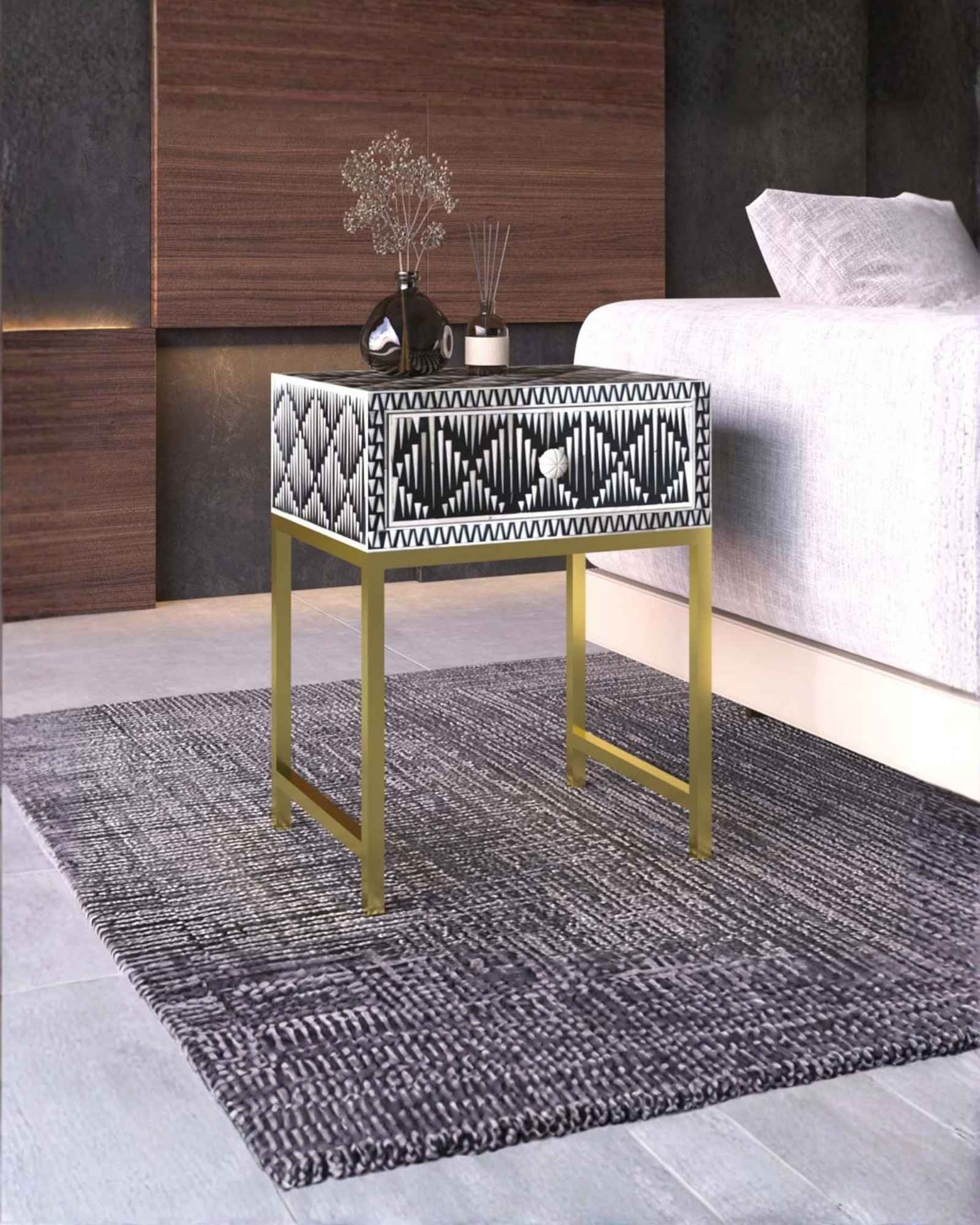 Elnaz Side Drawer - Black & White Bone Inlay - Tabeer Homes