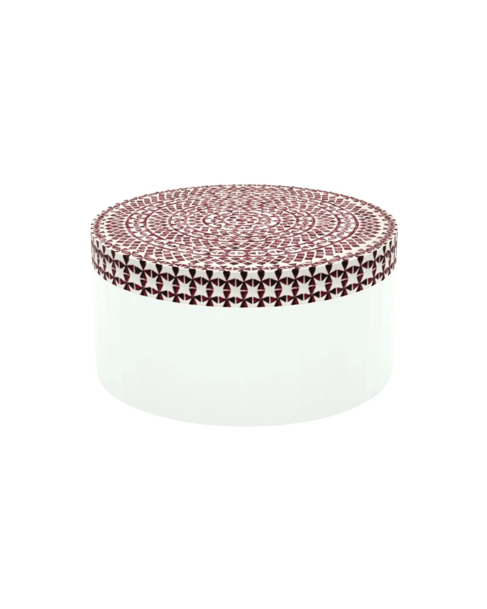 Round red bone inlay coffee table featuring a vibrant mosaic pattern on the top and sides. Perfect for modern and eclectic interiors.