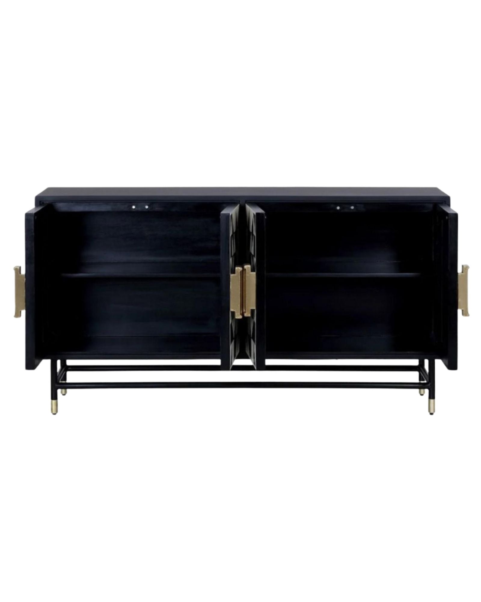 Elegant black bone inlay cabinet with geometric patterns, gold handles, and slim legs, perfect for a statement living space.
