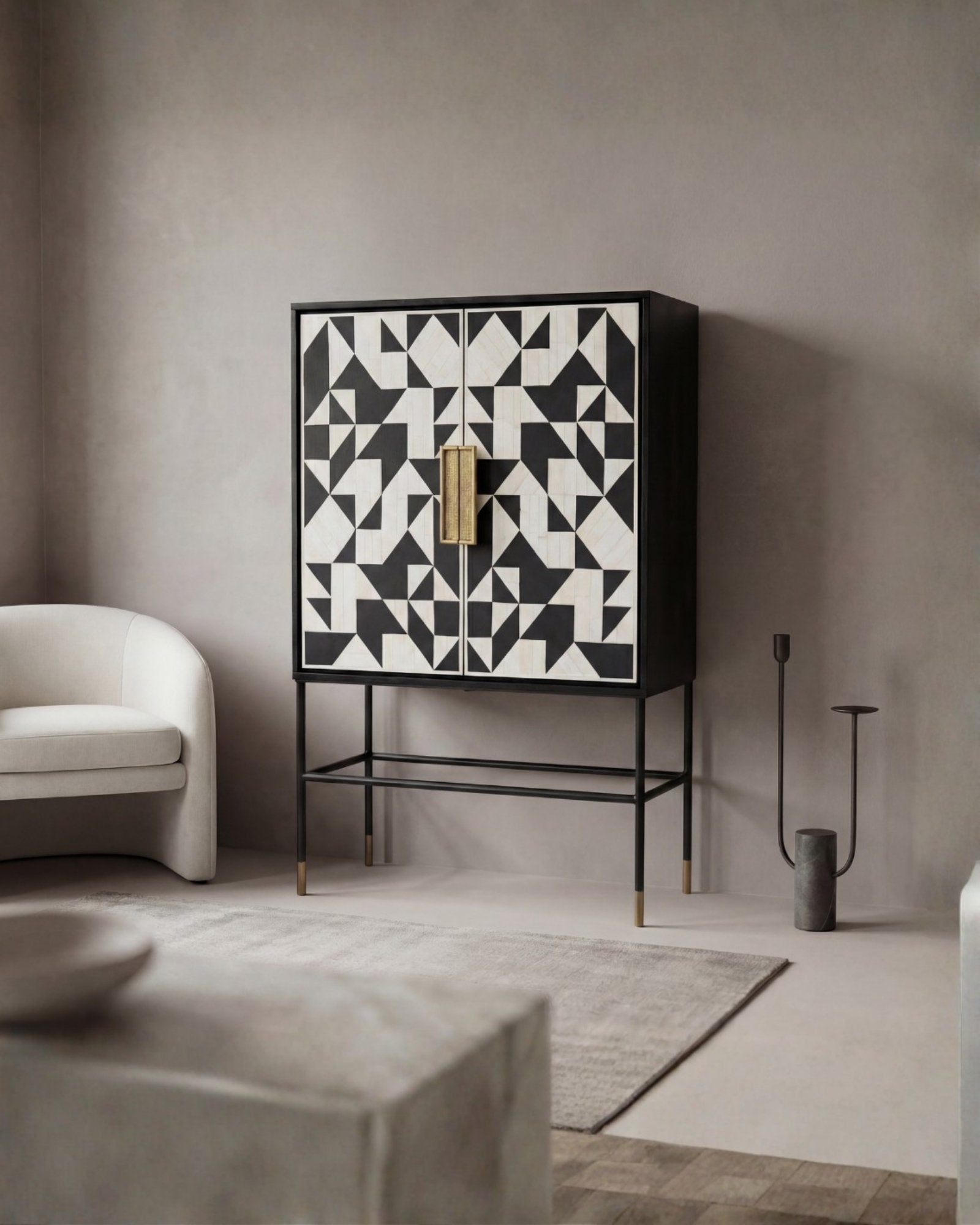 Bone inlay cabinet featuring geometric pattern in black and white with metal base, handcrafted furniture piece.