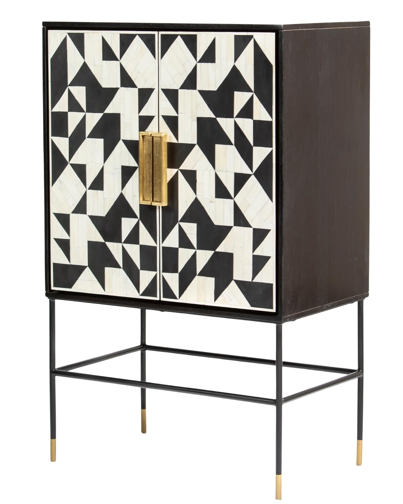 Bone inlay cabinet featuring geometric pattern in black and white with metal base, handcrafted furniture piece.