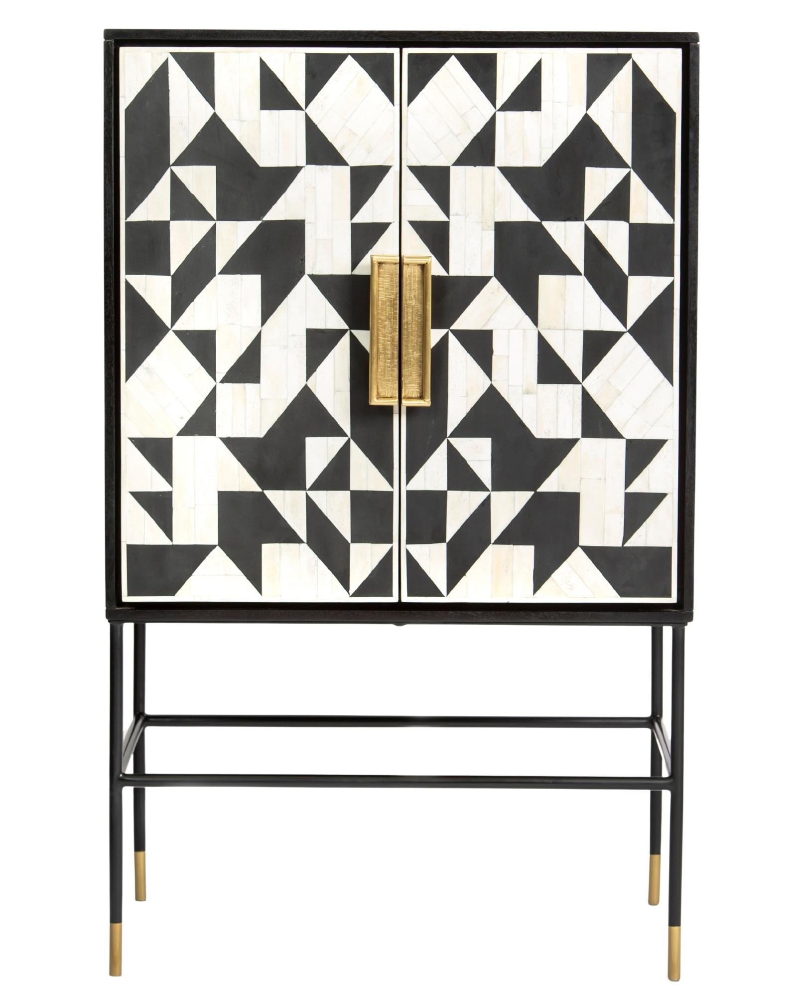 Bone inlay cabinet featuring geometric pattern in black and white with metal base, handcrafted furniture piece.