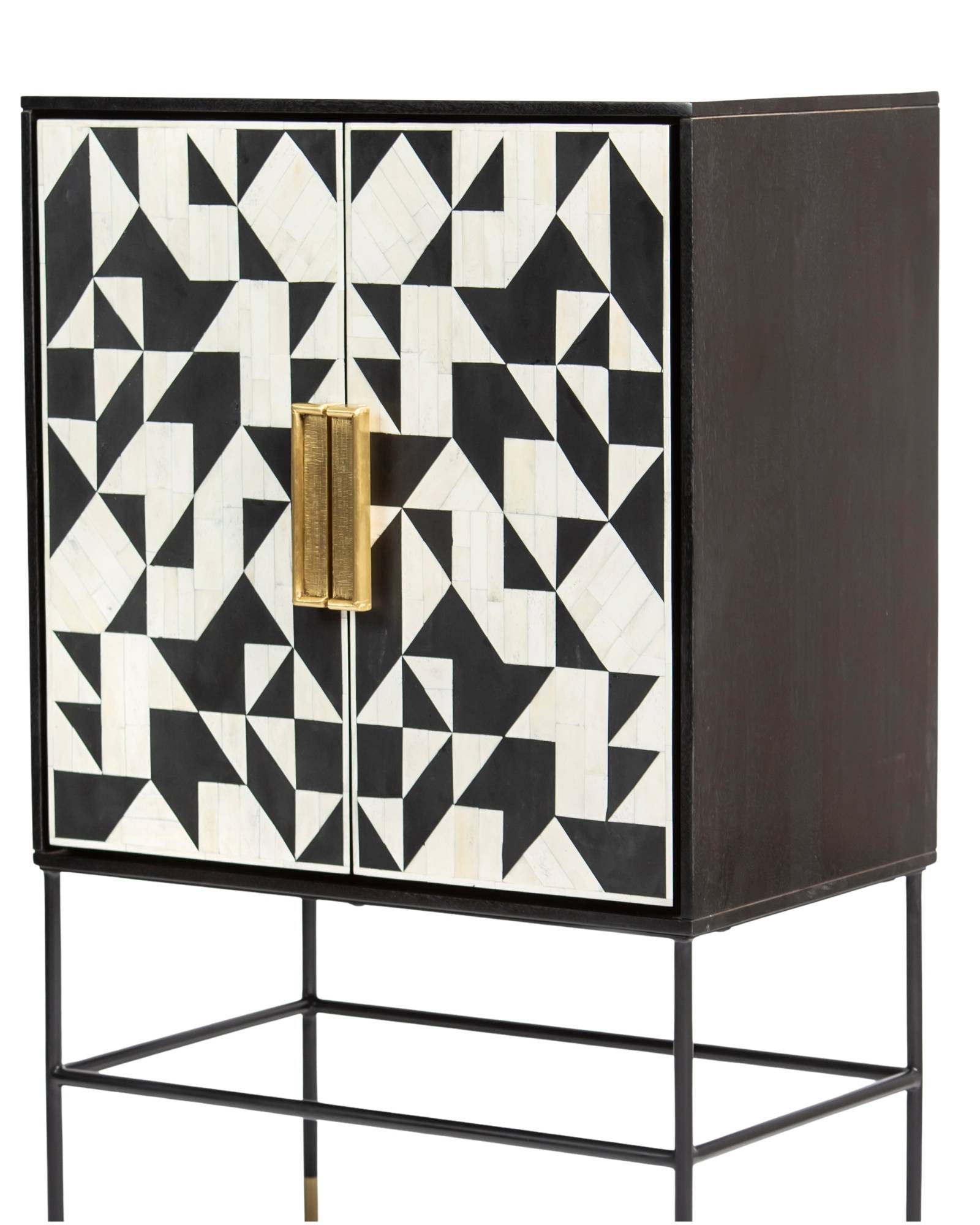 Bone inlay cabinet featuring geometric pattern in black and white with metal base, handcrafted furniture piece.