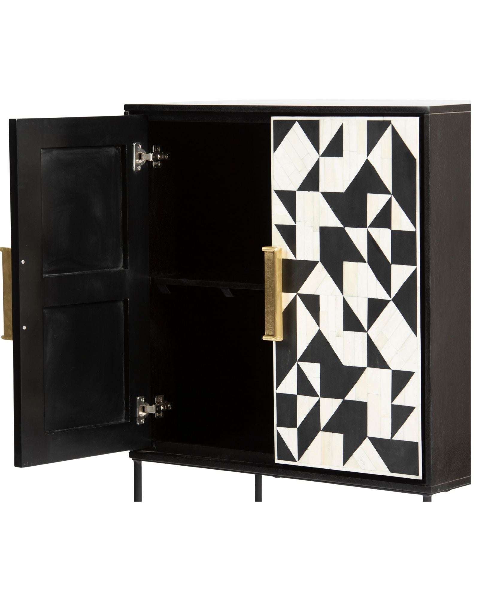 Bone inlay cabinet featuring geometric pattern in black and white with metal base, handcrafted furniture piece.