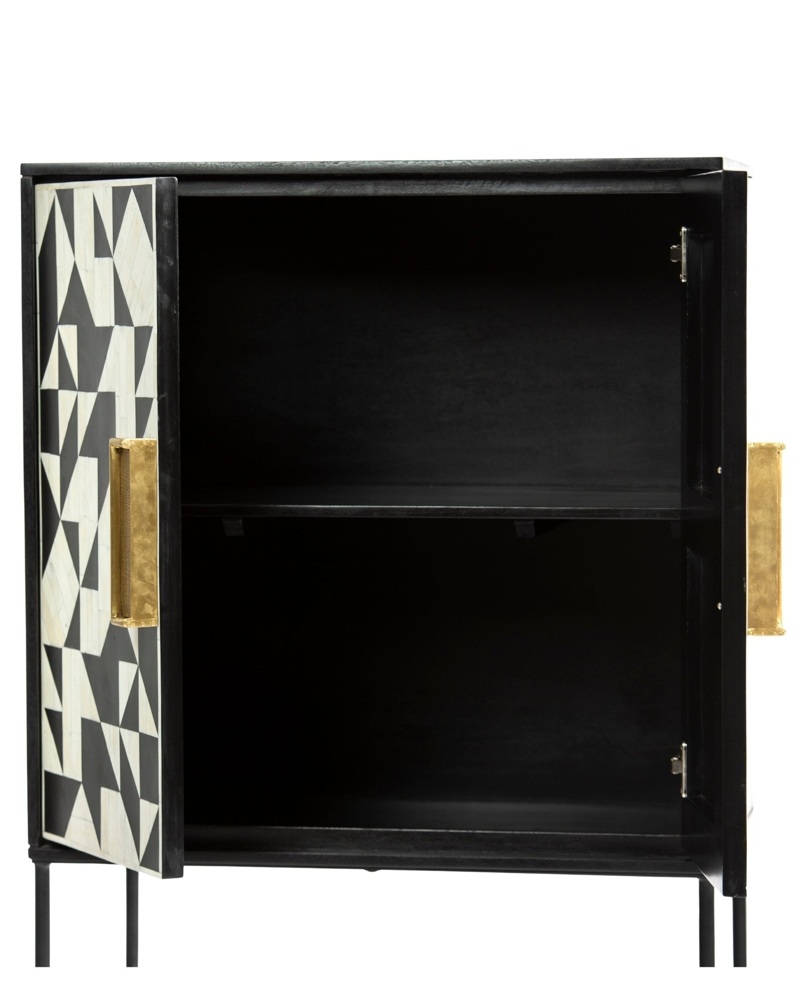 Bone inlay cabinet featuring geometric pattern in black and white with metal base, handcrafted furniture piece.