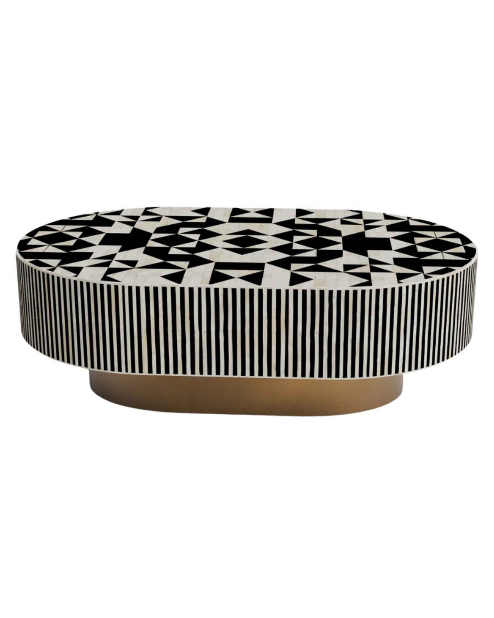 Black and white bone inlay coffee table with geometric pattern and gold base in contemporary setting.