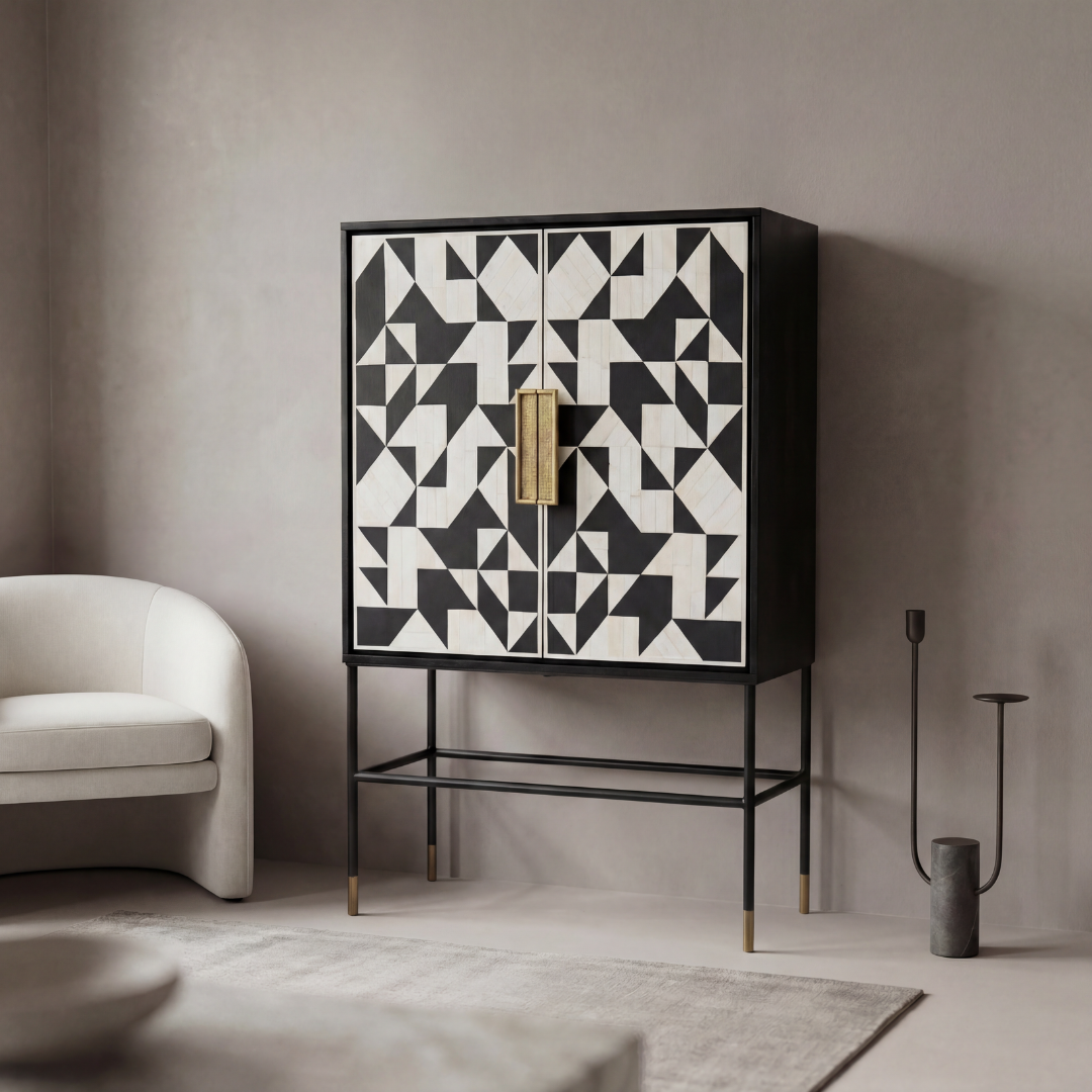 Bone inlay cabinet featuring geometric pattern in black and white with metal base, handcrafted furniture piece
