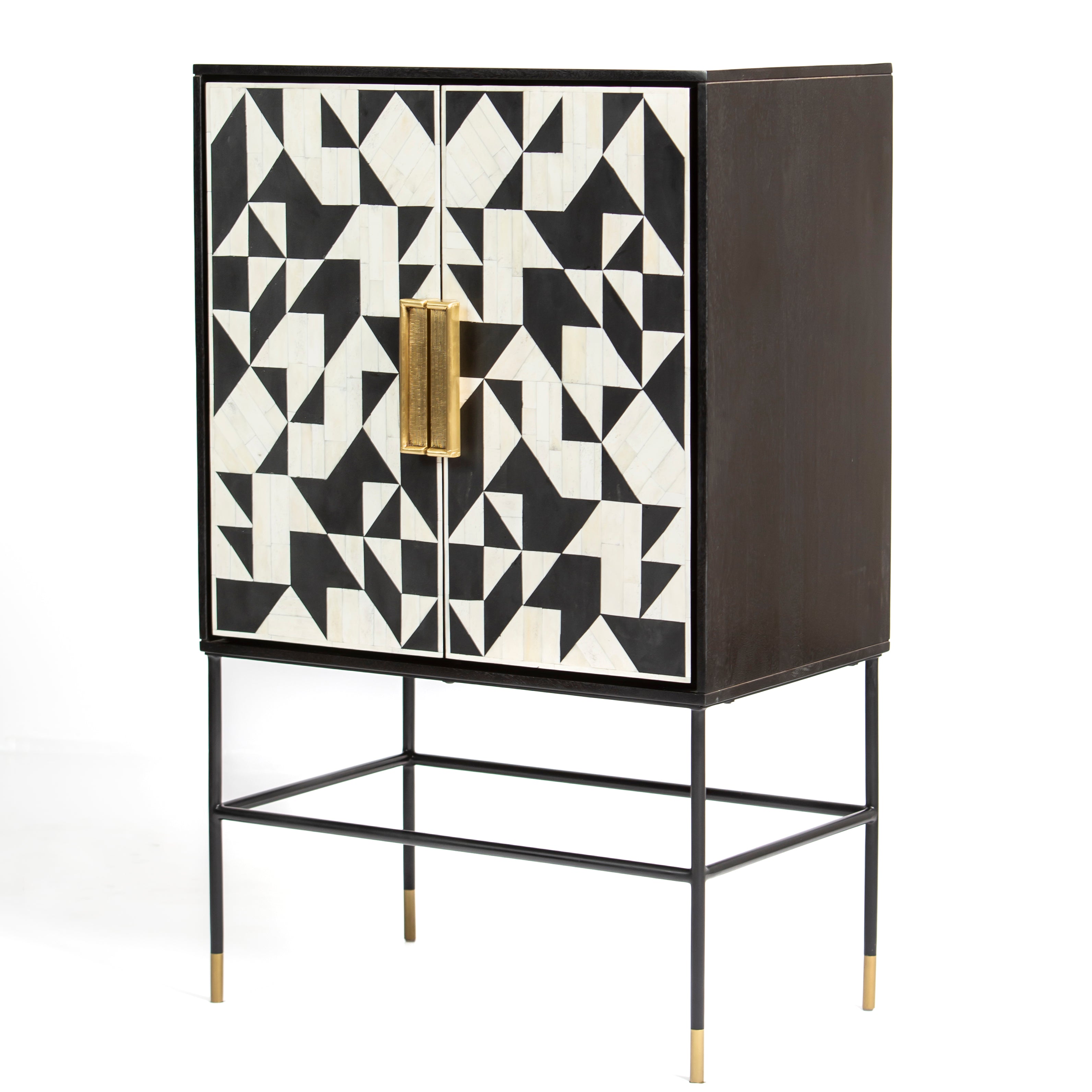 Bone inlay cabinet featuring geometric pattern in black and white with metal base, handcrafted furniture piece