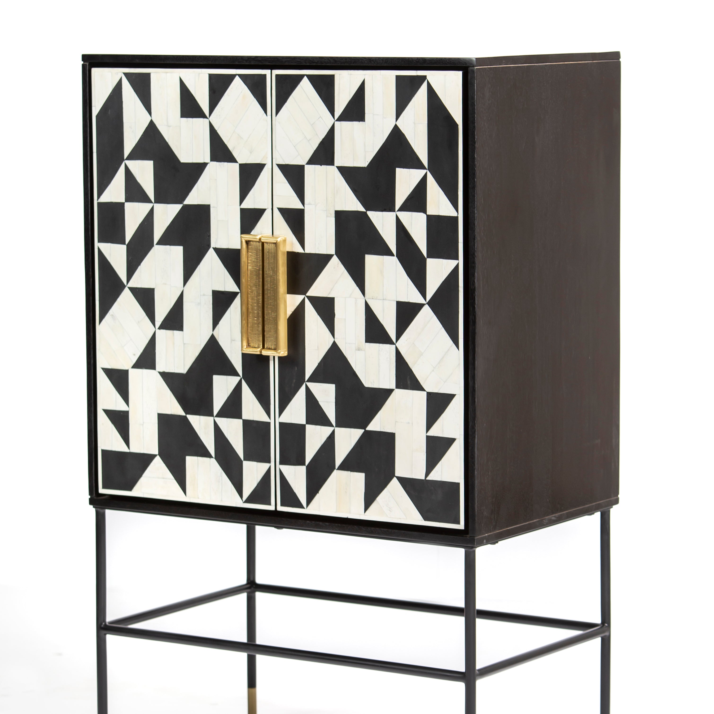 Bone inlay cabinet featuring geometric pattern in black and white with metal base, handcrafted furniture piece