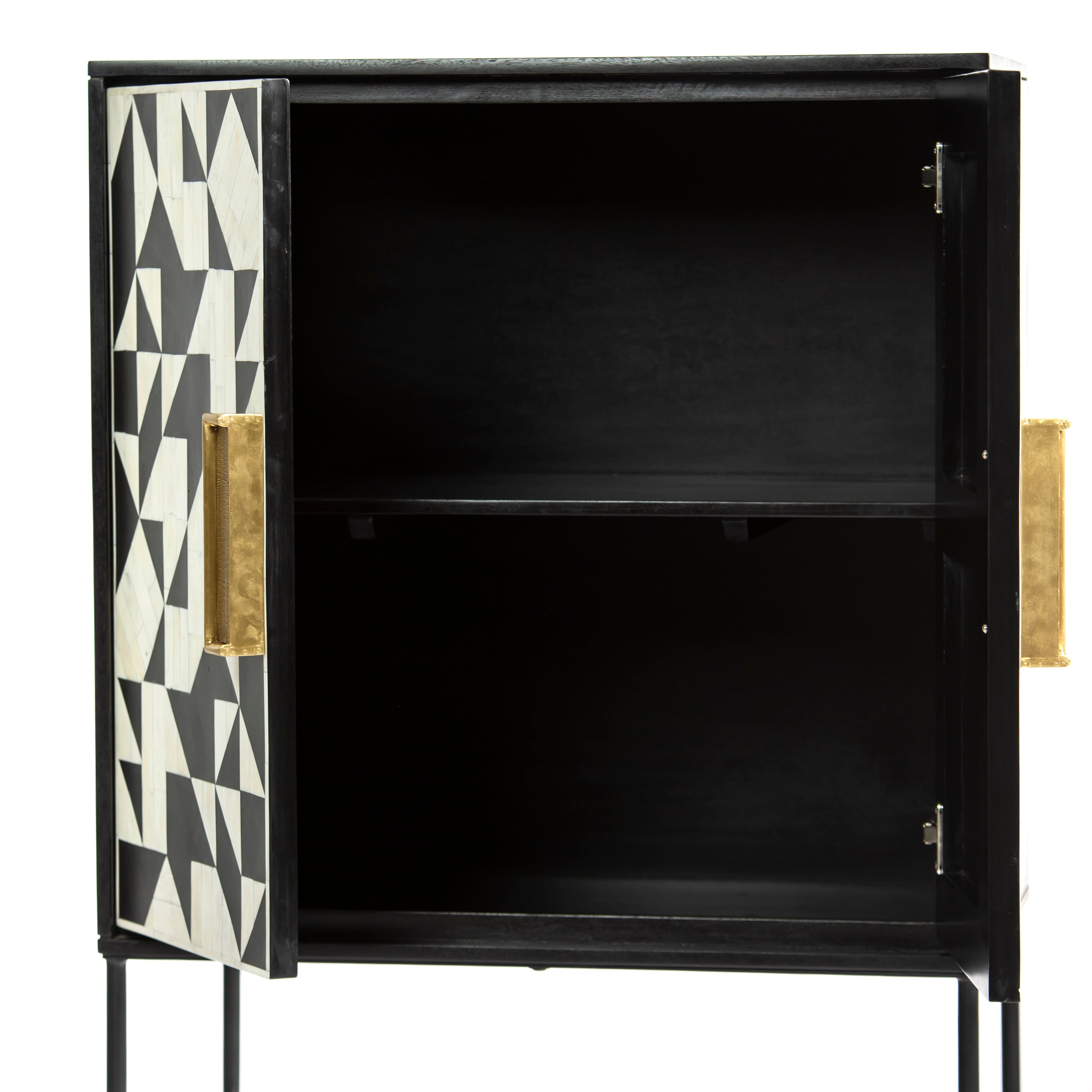 Bone inlay cabinet featuring geometric pattern in black and white with metal base, handcrafted furniture piece