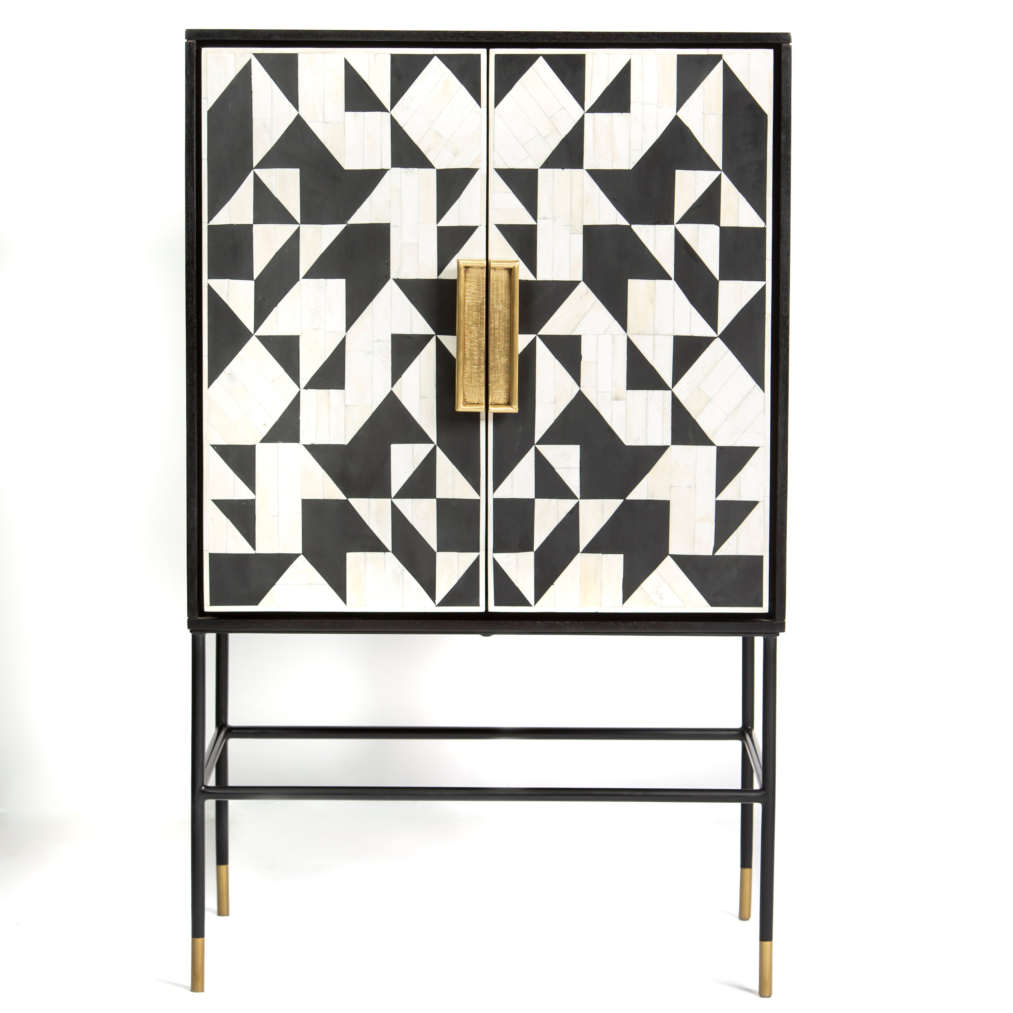 Bone inlay cabinet featuring geometric pattern in black and white with metal base, handcrafted furniture piece