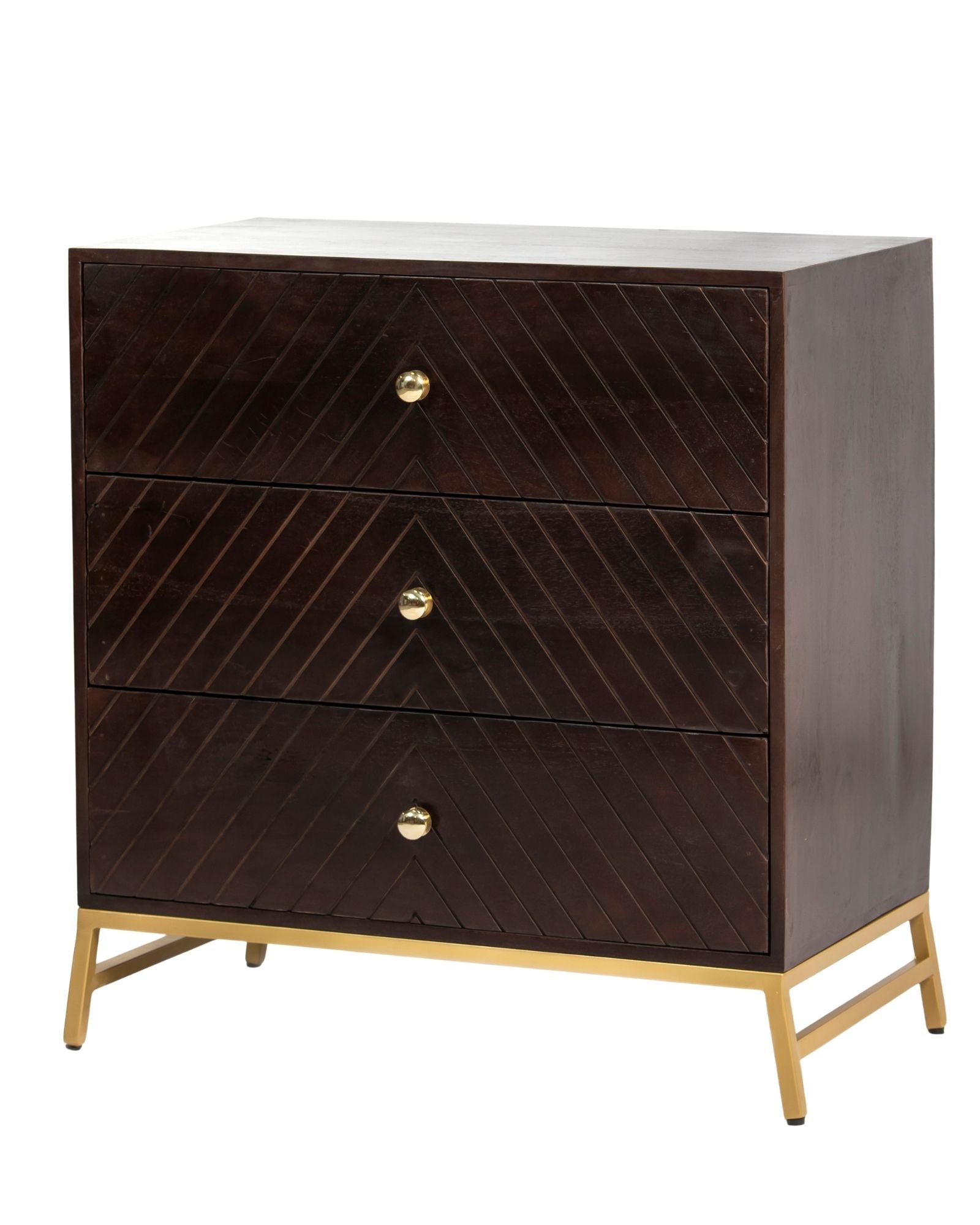 Wooden chest of drawers featuring chevron pattern in brown with brass accents, handcrafted furniture piece.