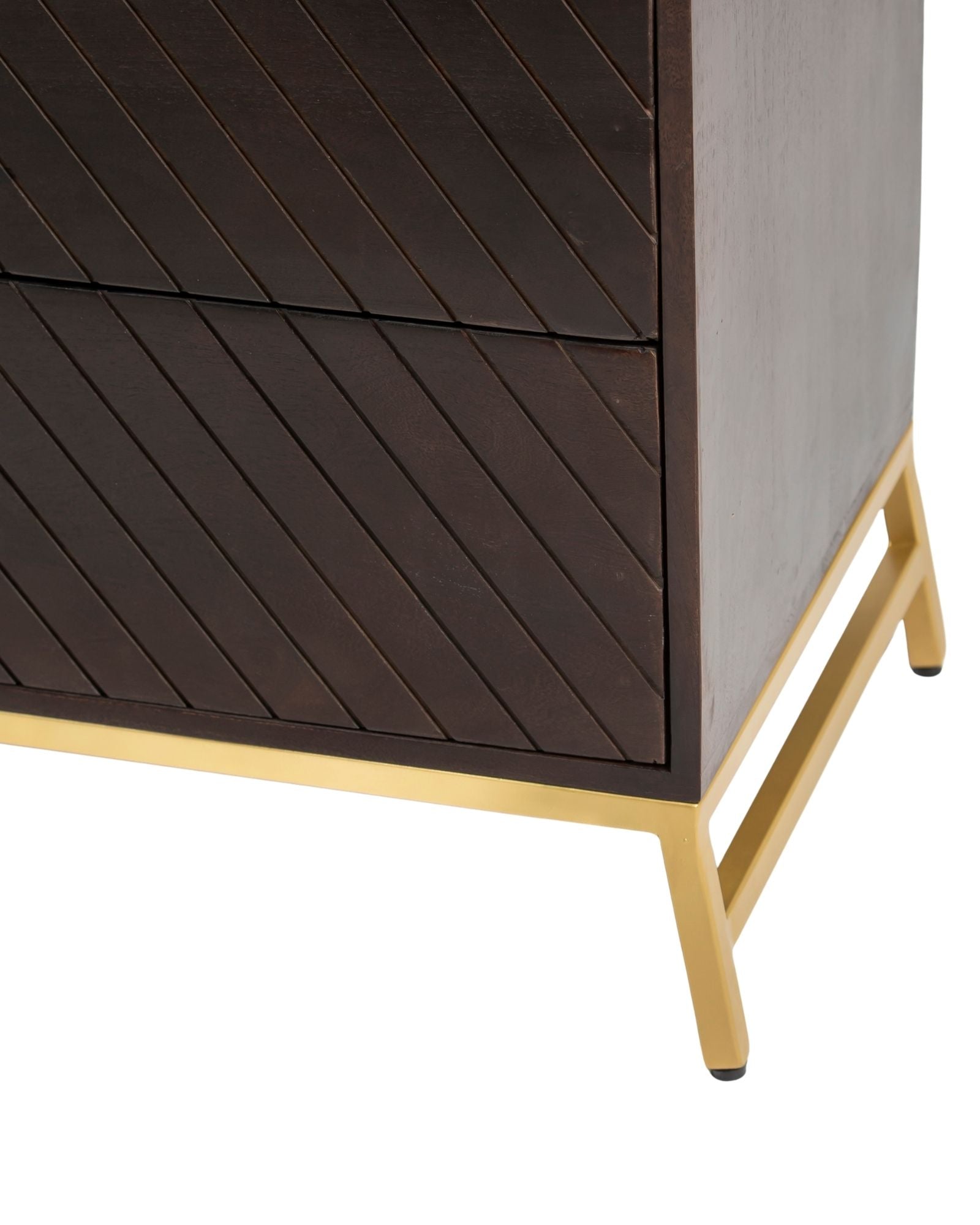 Wooden chest of drawers featuring chevron pattern in brown with brass accents, handcrafted furniture piece.