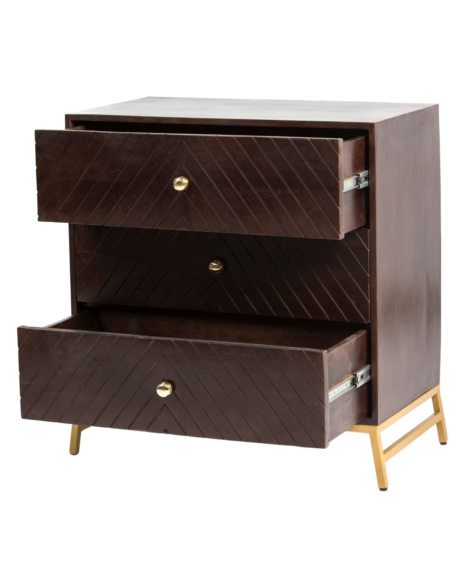 Wooden chest of drawers featuring chevron pattern in brown with brass accents, handcrafted furniture piece.