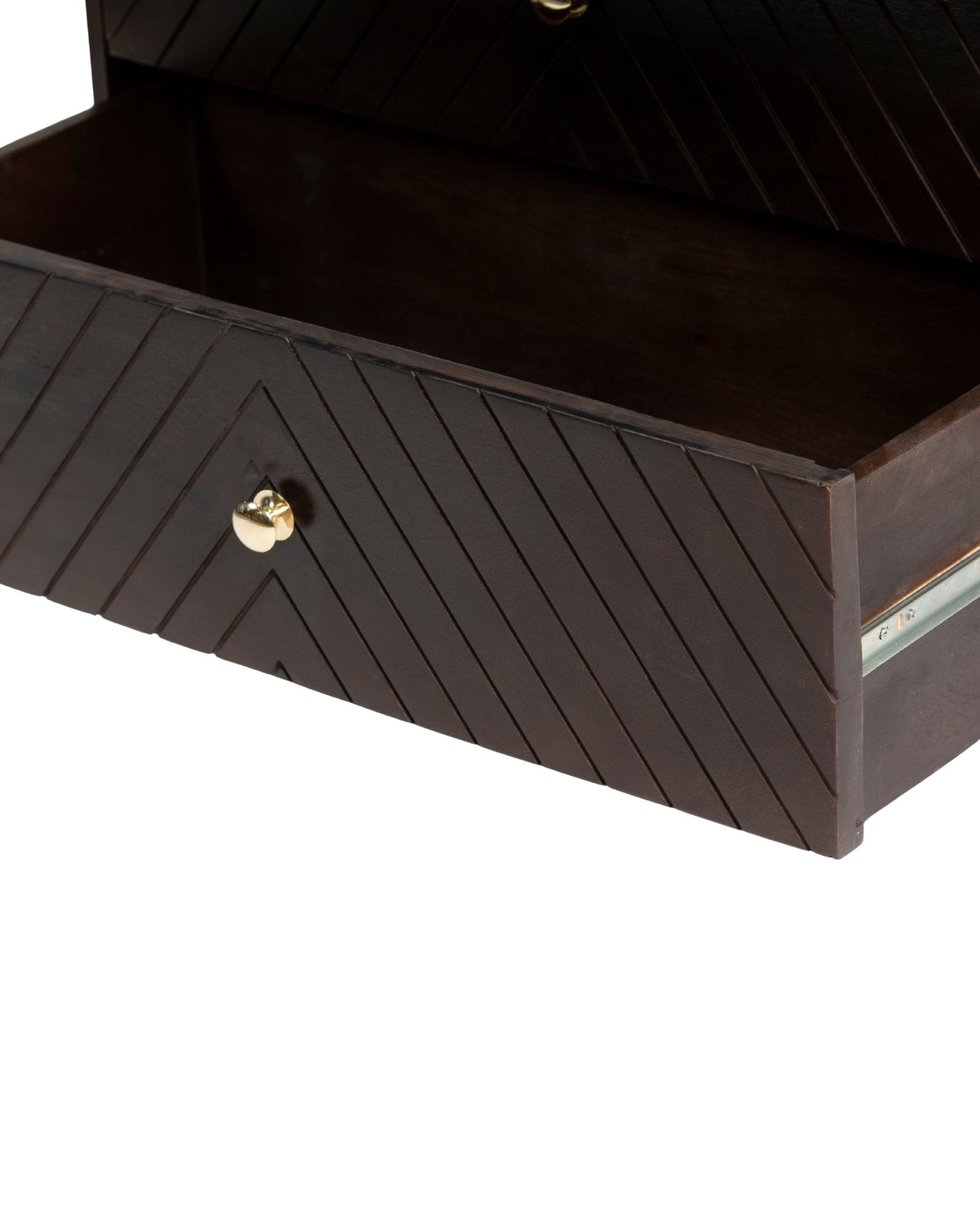 Wooden chest of drawers featuring chevron pattern in brown with brass accents, handcrafted furniture piece.