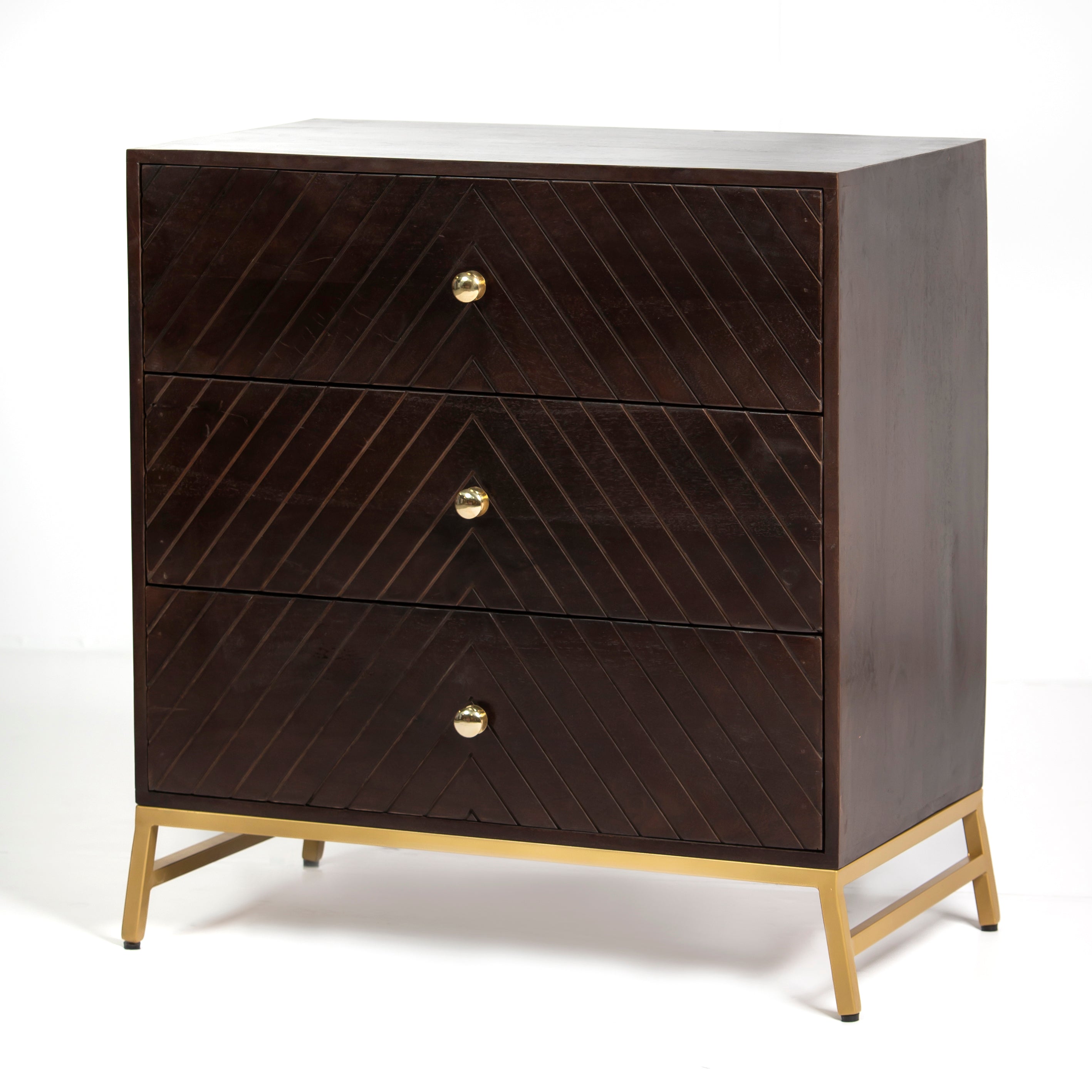 Wooden chest of drawers featuring chevron pattern in brown with brass accents, handcrafted furniture piece