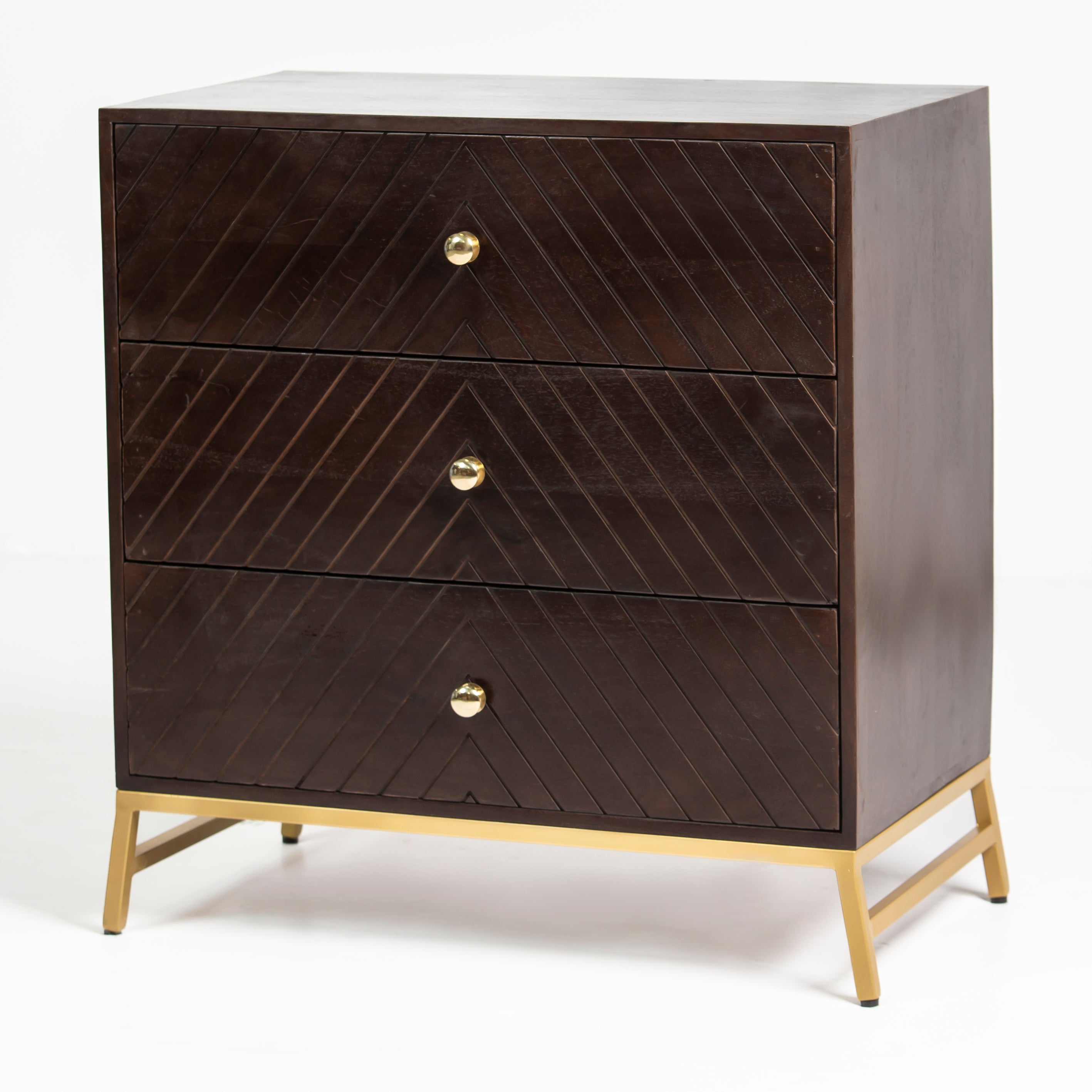 Wooden chest of drawers featuring chevron pattern in brown with brass accents, handcrafted furniture piece
