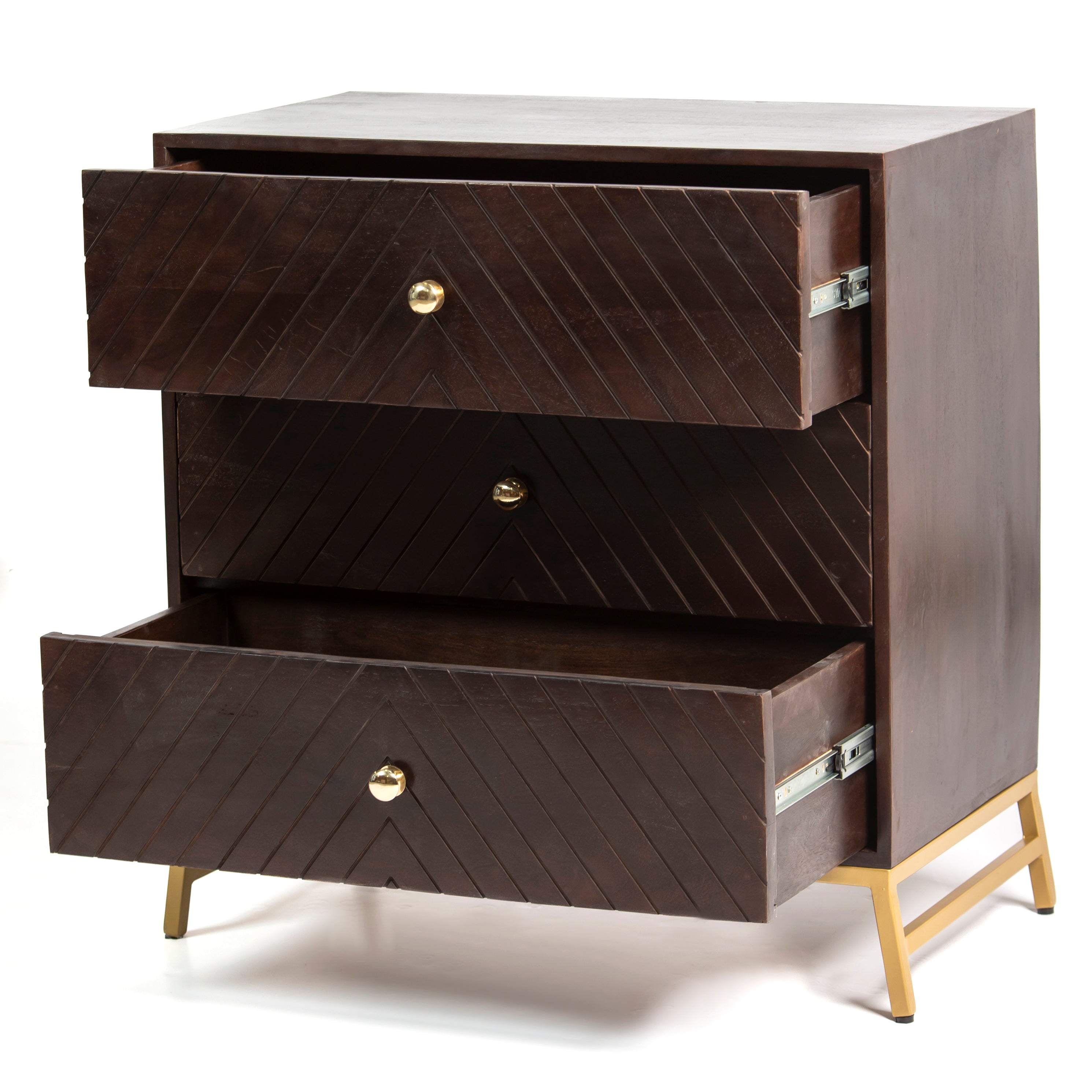 Wooden chest of drawers featuring chevron pattern in brown with brass accents, handcrafted furniture piece