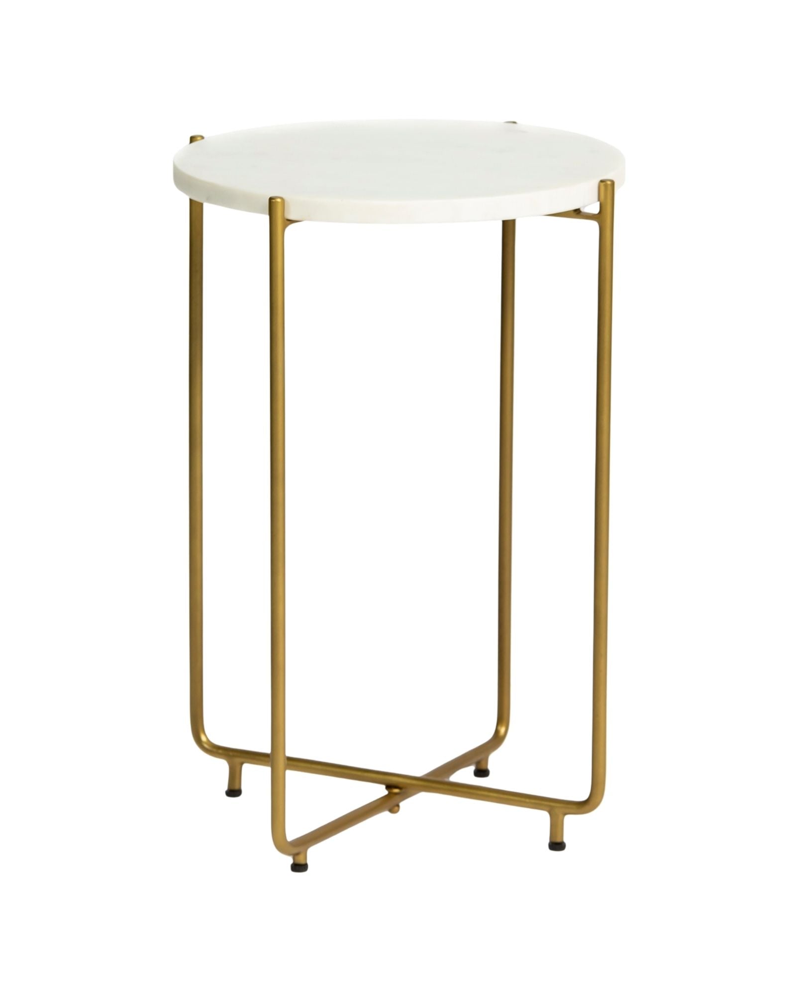 Marble side table featuring round white top with brass metal base, handcrafted furniture piece.