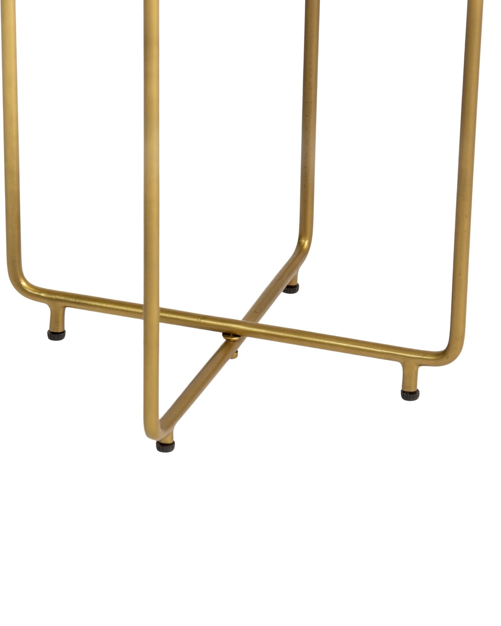 Marble side table featuring round white top with brass metal base, handcrafted furniture piece.
