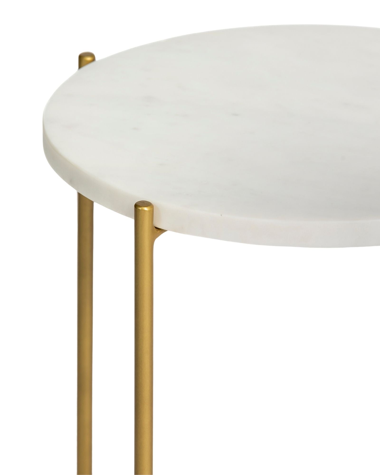 Marble side table featuring round white top with brass metal base, handcrafted furniture piece.