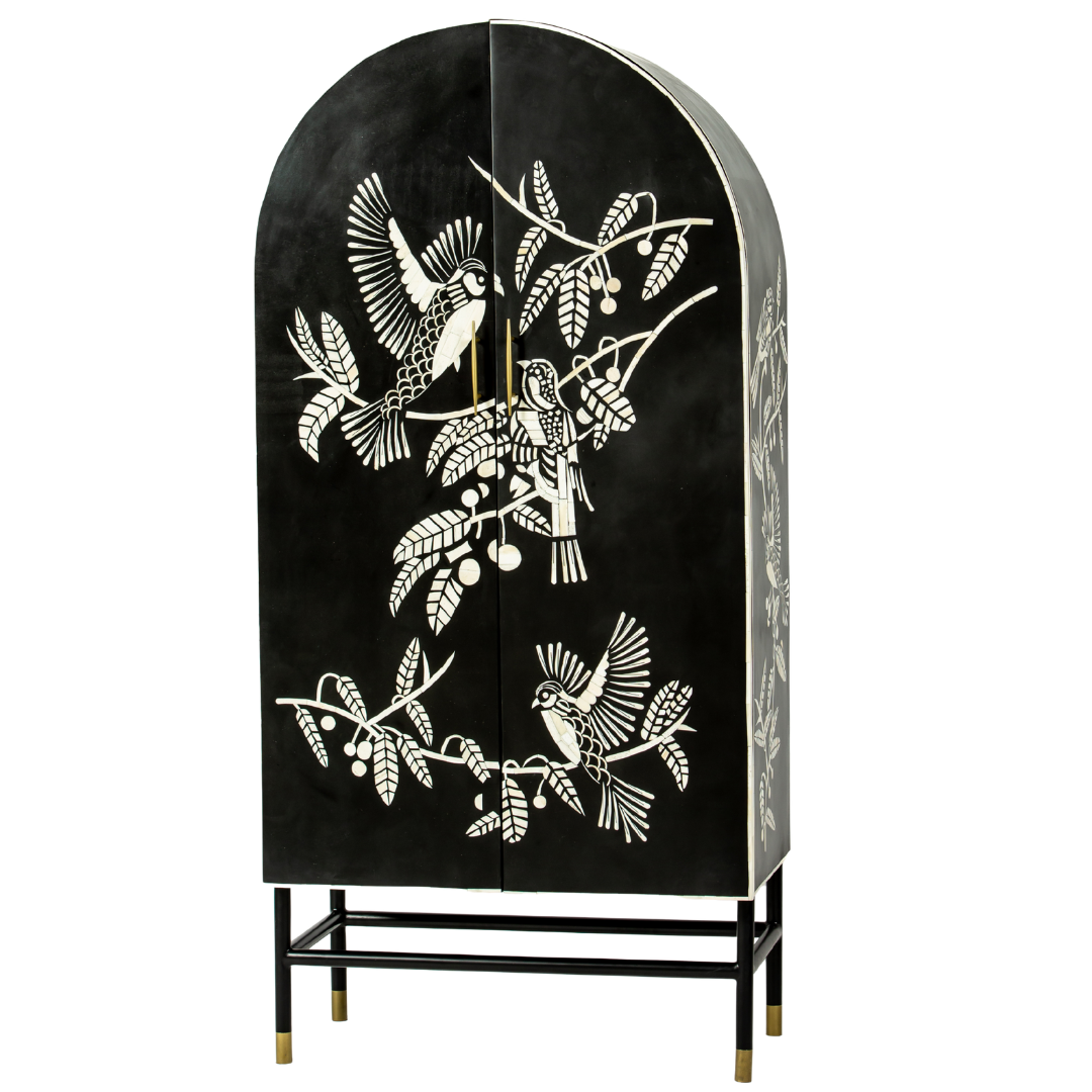 Handcrafted white bone inlay cabinet by Tabeer Homes, featuring bird and leaf motifs on mango wood with brass handles and global delivery.
