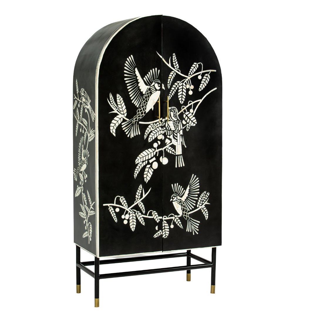 Handcrafted white bone inlay cabinet by Tabeer Homes, featuring bird and leaf motifs on mango wood with brass handles and global delivery.
