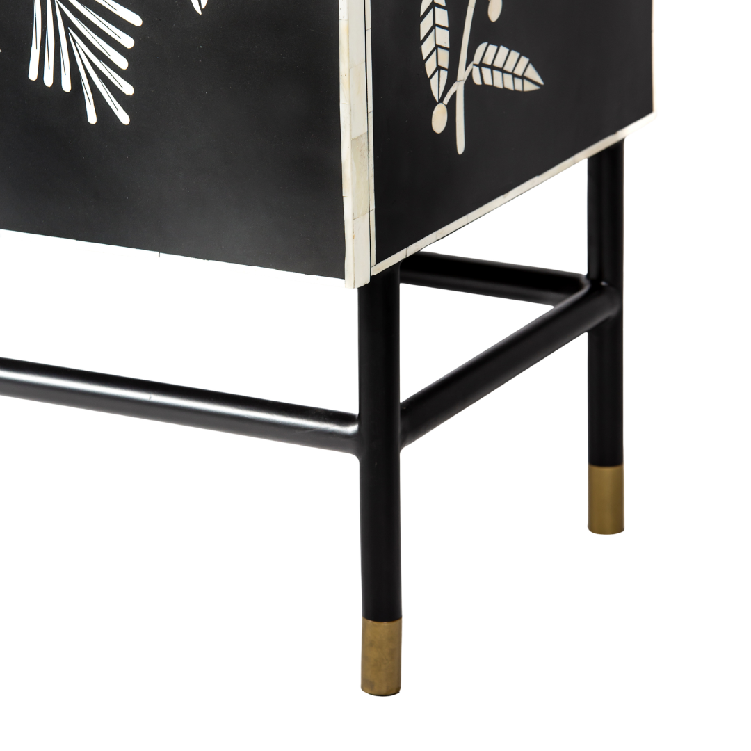 Handcrafted white bone inlay cabinet by Tabeer Homes, featuring bird and leaf motifs on mango wood with brass handles and global delivery.