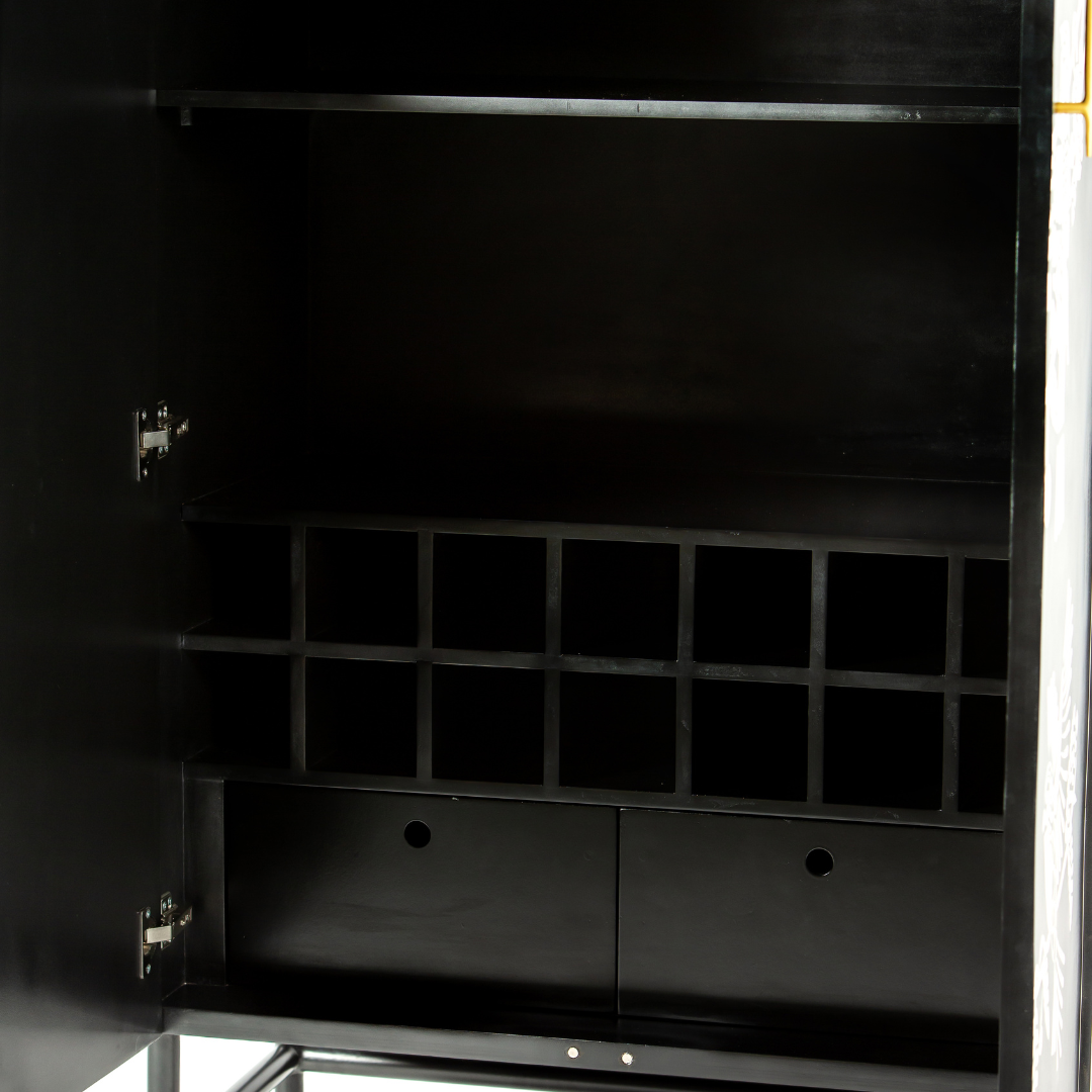 Handcrafted white bone inlay cabinet by Tabeer Homes, featuring bird and leaf motifs on mango wood with brass handles and global delivery.