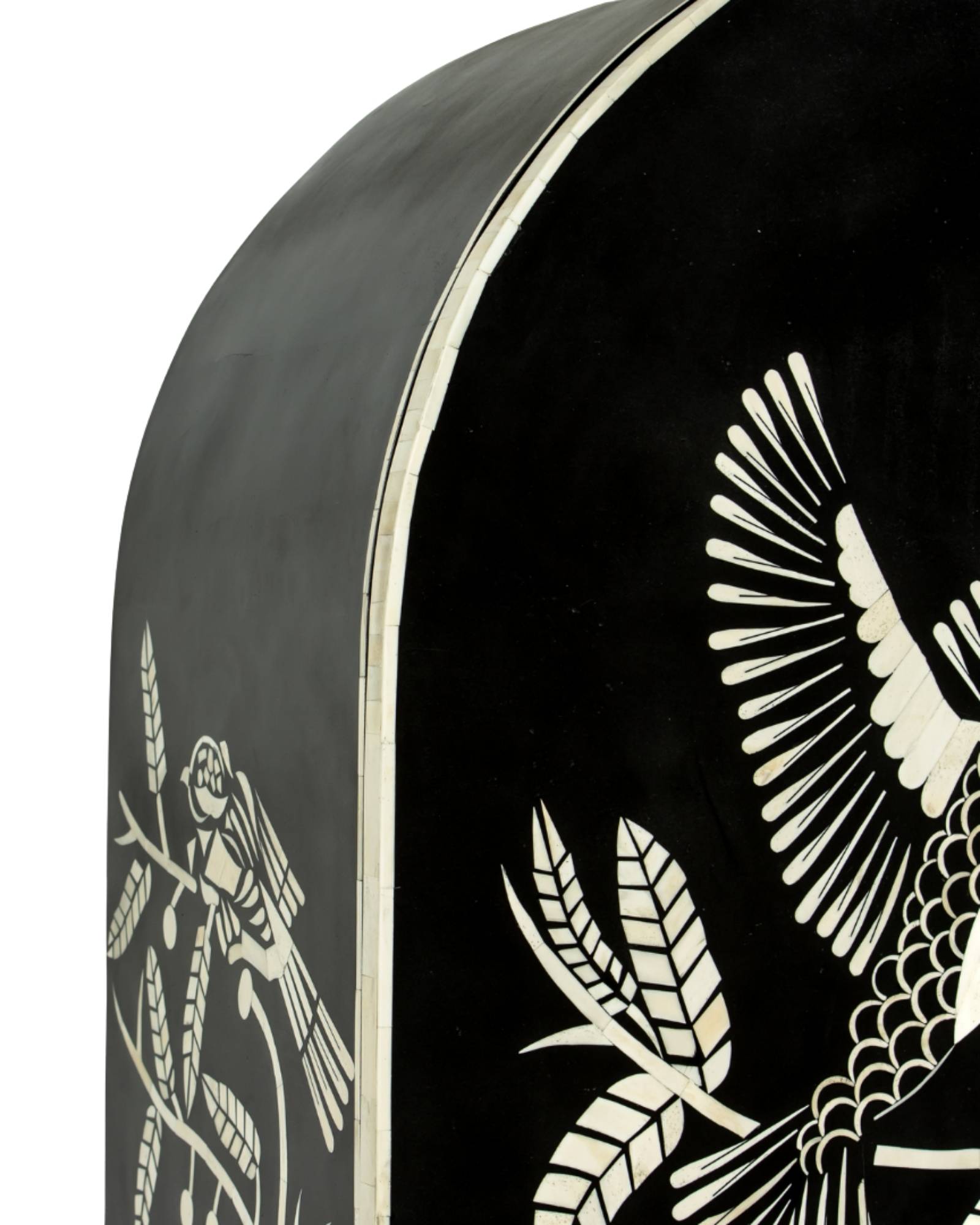 Handcrafted white bone inlay cabinet by Tabeer Homes, featuring bird and leaf motifs on mango wood with brass handles and global delivery.