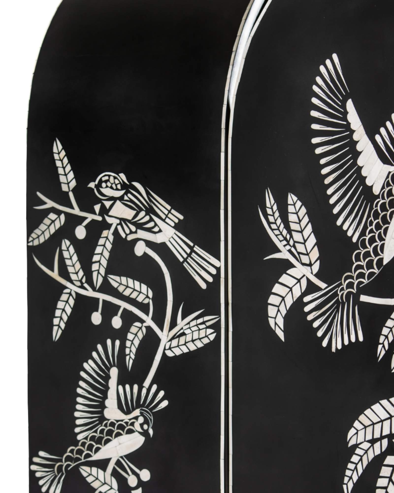 Handcrafted white bone inlay cabinet by Tabeer Homes, featuring bird and leaf motifs on mango wood with brass handles and global delivery.