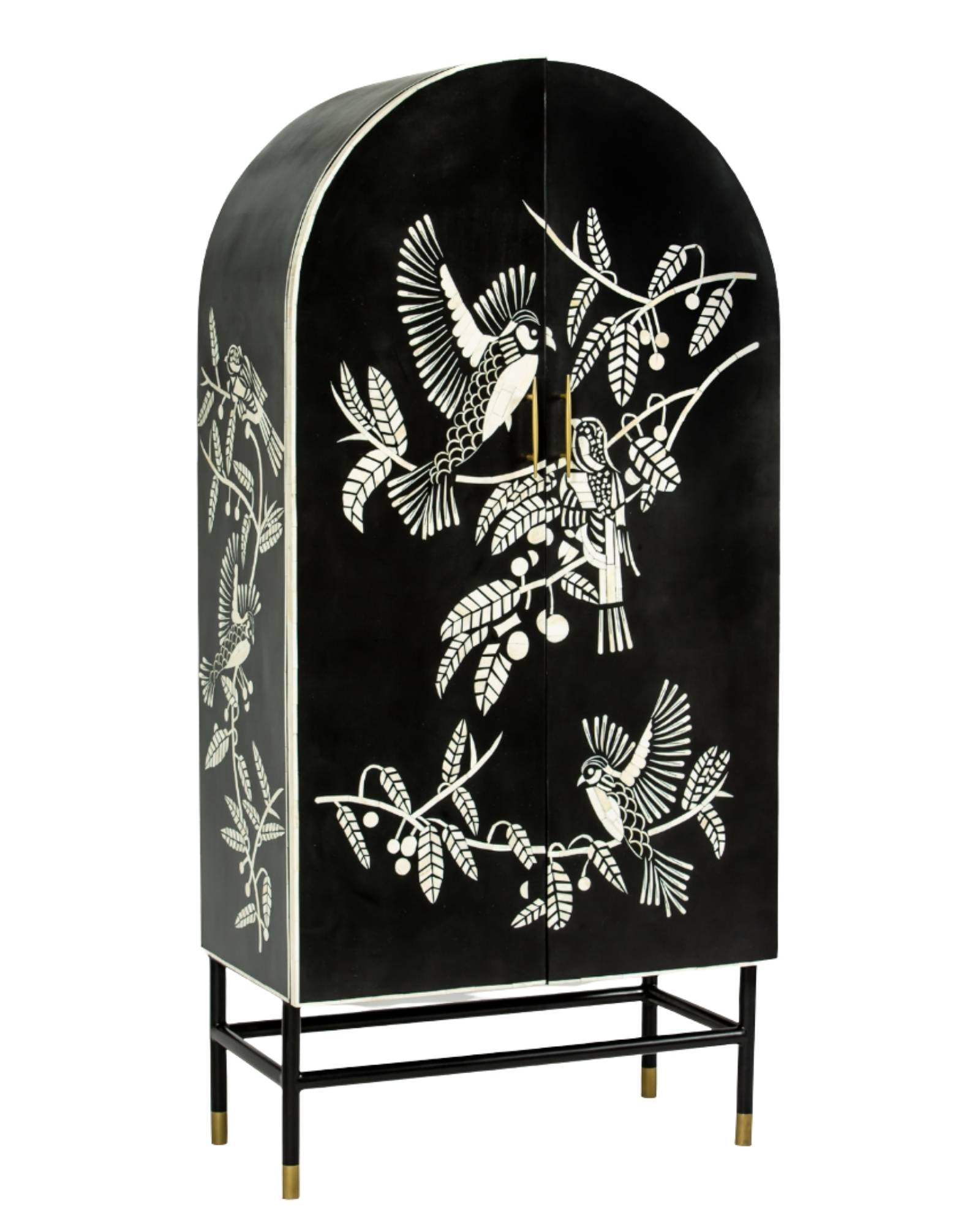 Handcrafted white bone inlay cabinet by Tabeer Homes, featuring bird and leaf motifs on mango wood with brass handles and global delivery.