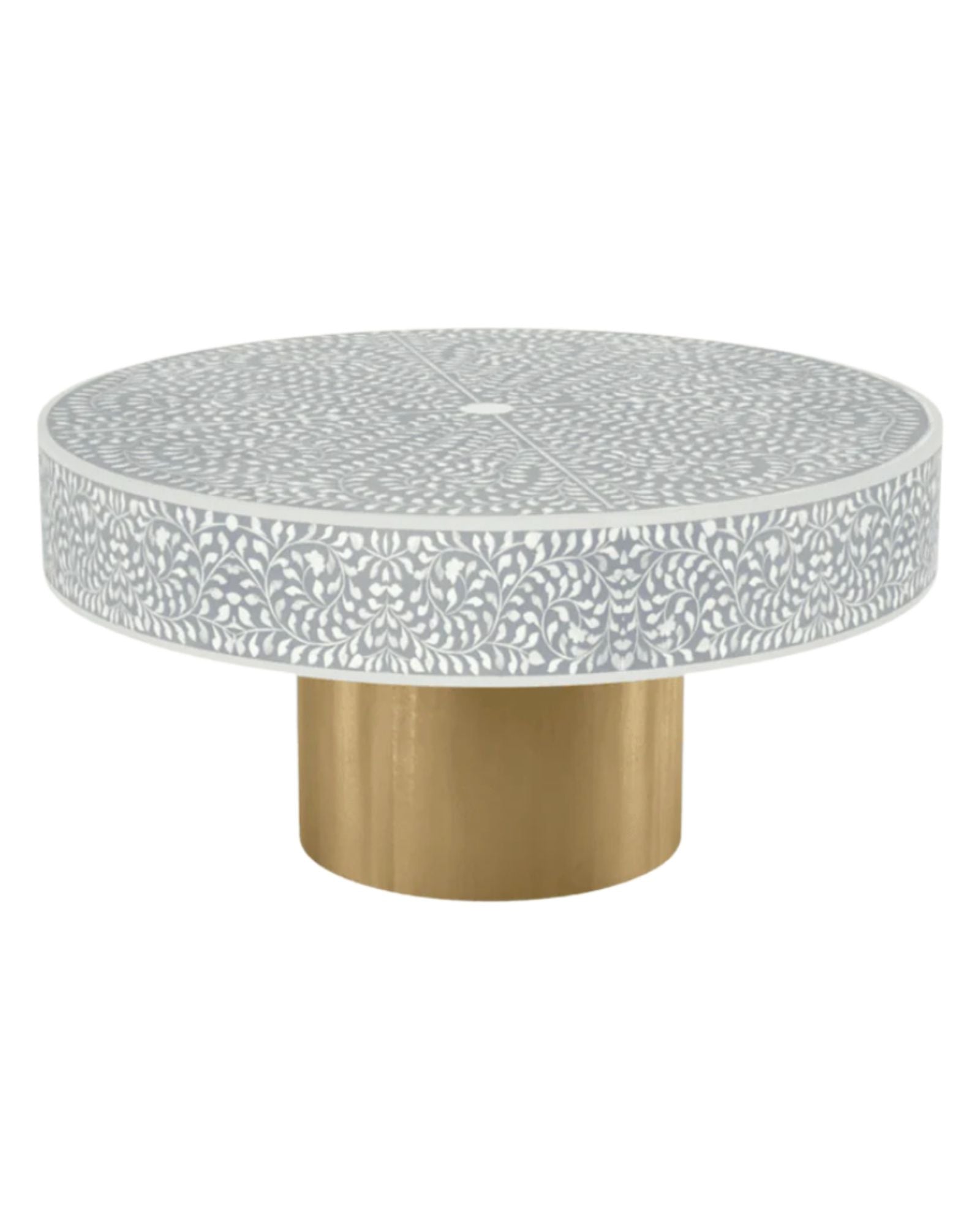 Round grey bone inlay coffee table featuring an intricate floral pattern