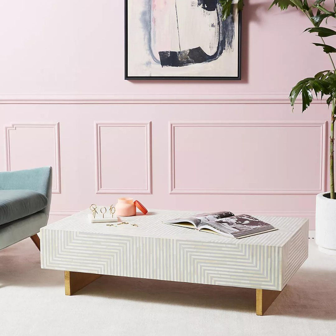 Rectangular grey striped bone inlay coffee table with a sleek design. A stylish and functional addition to modern interiors.