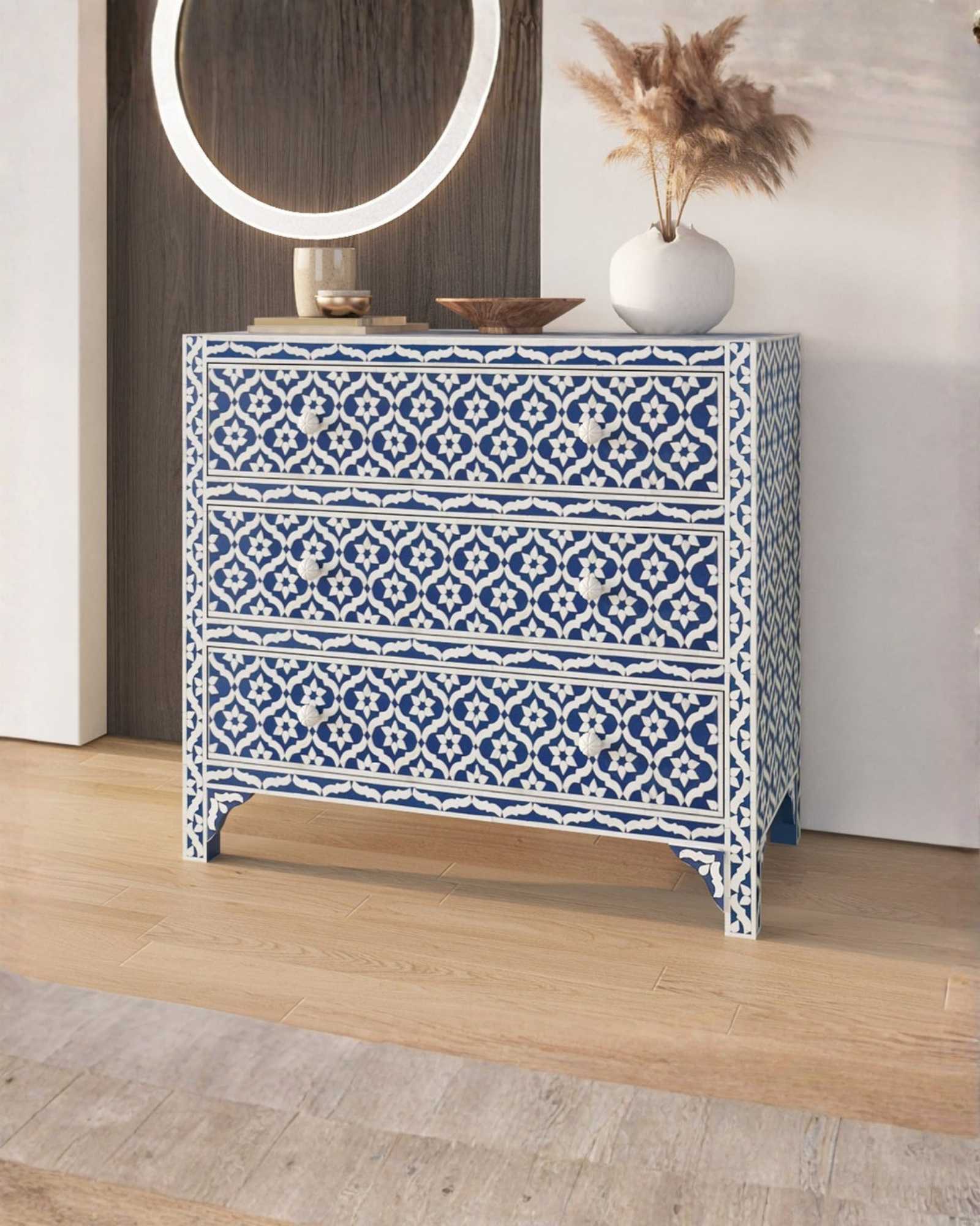 Inayat Chest of Drawers Blue Bone Inlay in Geometric Pattern by Tabeer Homes