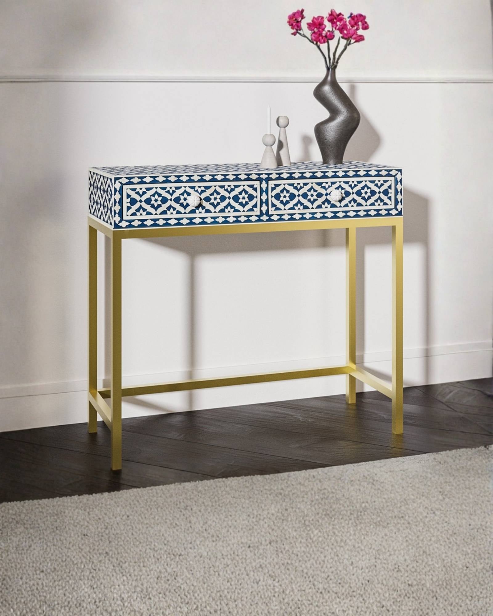 Inayat Mini Dresser Console - Navy Blue Bone Inlay - Tabeer Homes