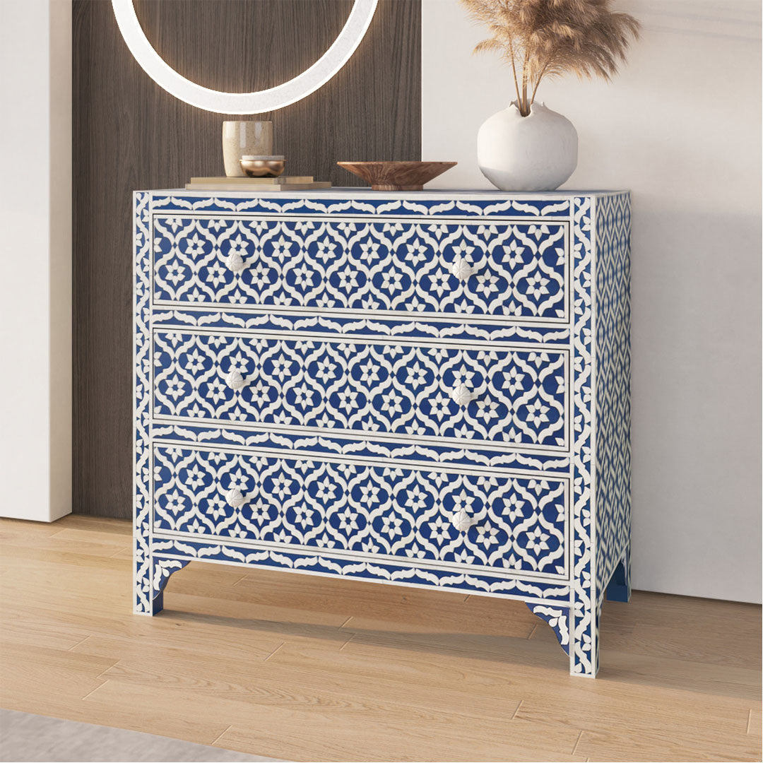 Inayat Chest of Drawers Blue Bone Inlay in Geometric Pattern by Tabeer Homes