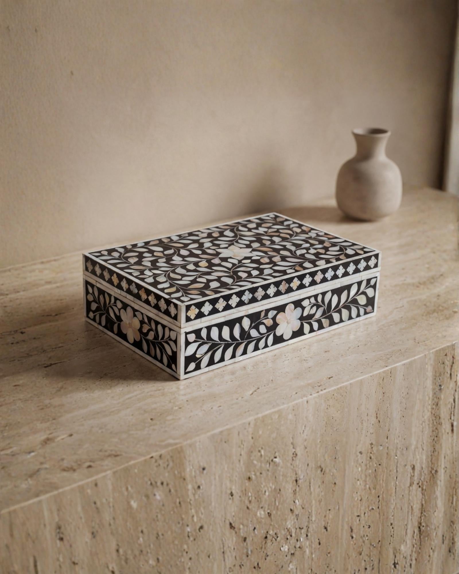 Black mother of pearl inlay decorative box with floral pattern, handcrafted storage box in wood.