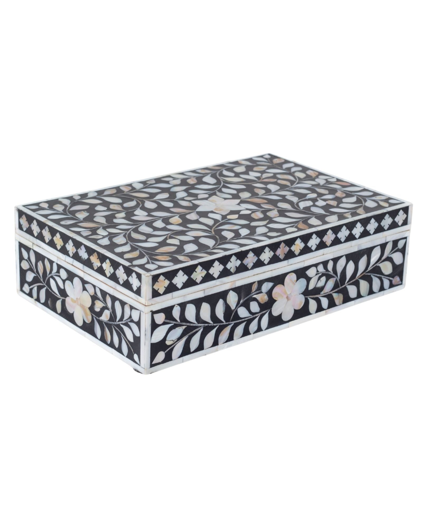 Black mother of pearl inlay decorative box with floral pattern, handcrafted storage box in wood.