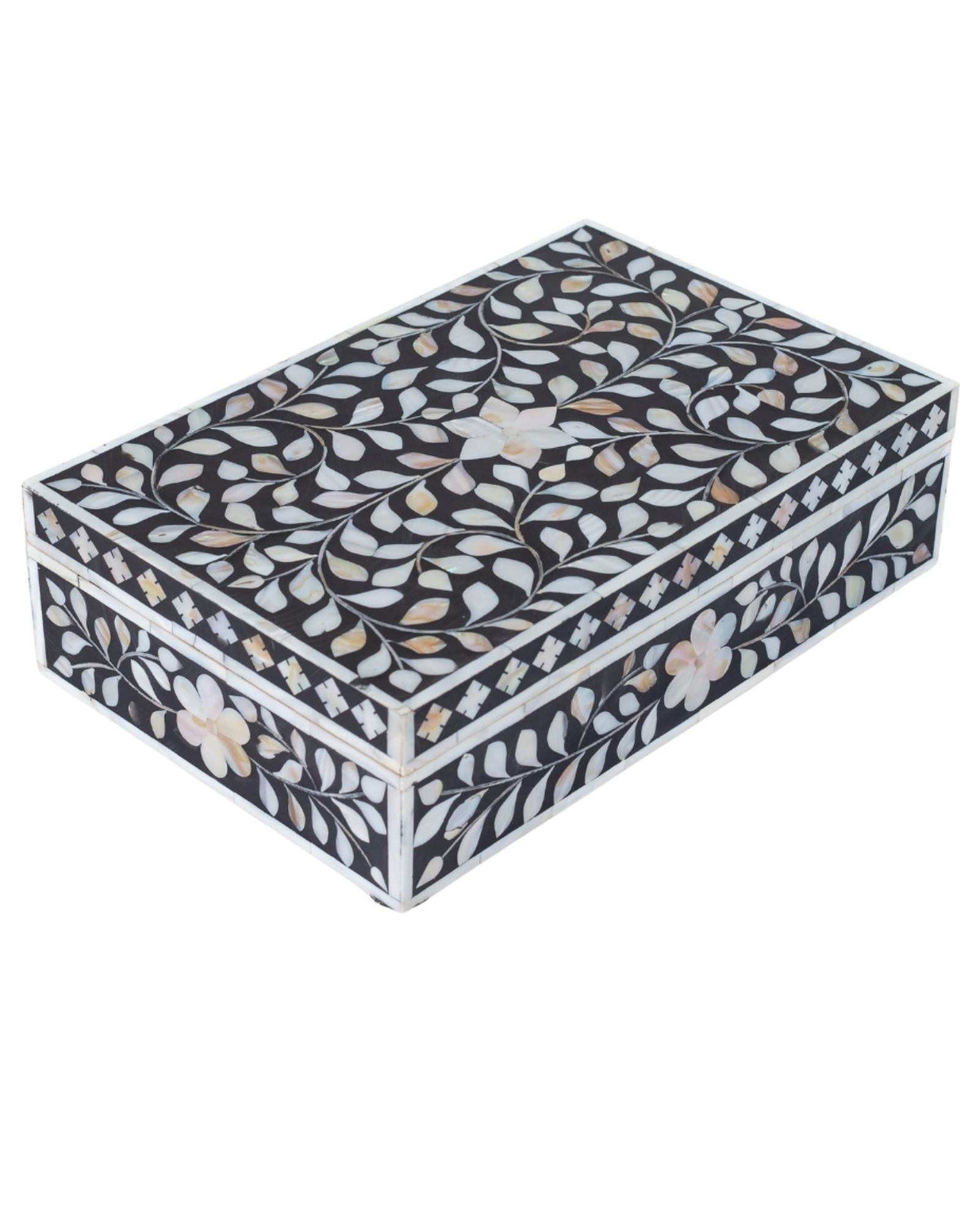 Black mother of pearl inlay decorative box with floral pattern, handcrafted storage box in wood.